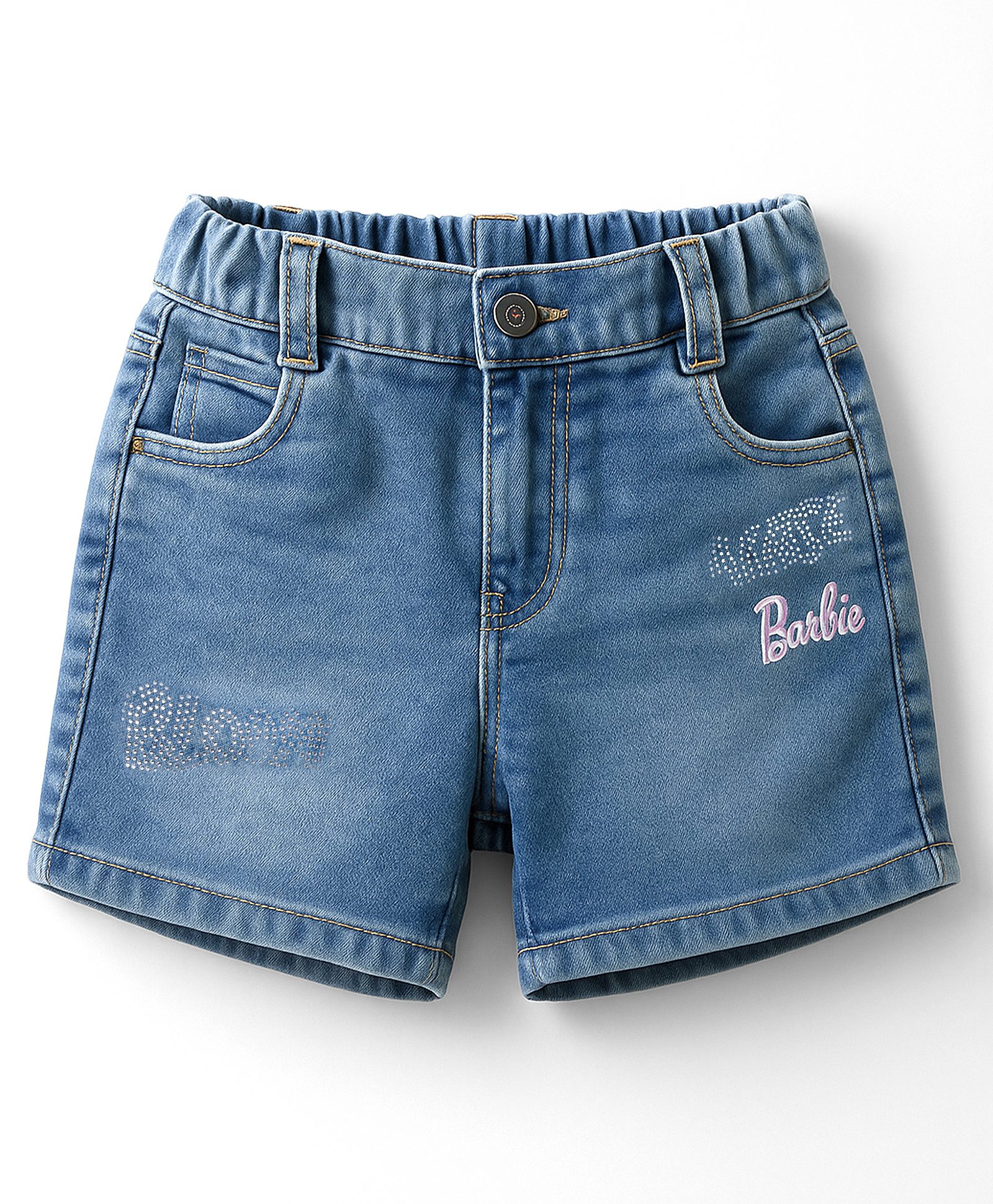 Olio Kids Denim Knit Above Knee Length Shorts With Barbie Text Print - Light Blue-picture-23