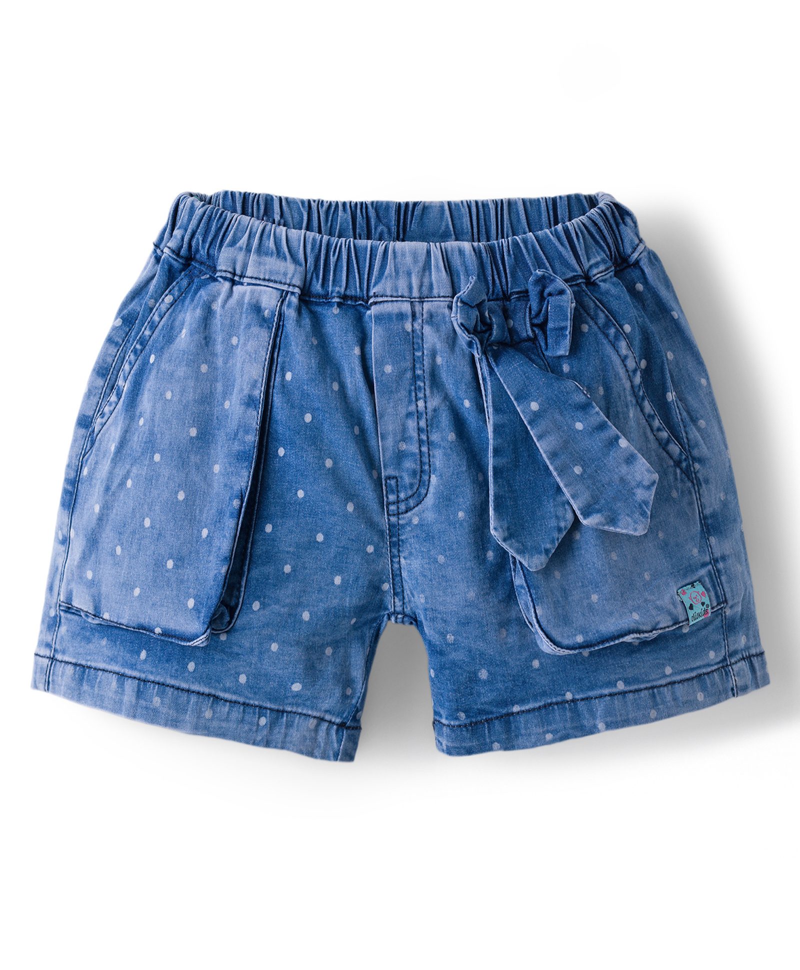 Olio Kids Denim Knit Above Knee Length Shorts With Polka Dot Print & Bow Applique - Light Blue-picture-28
