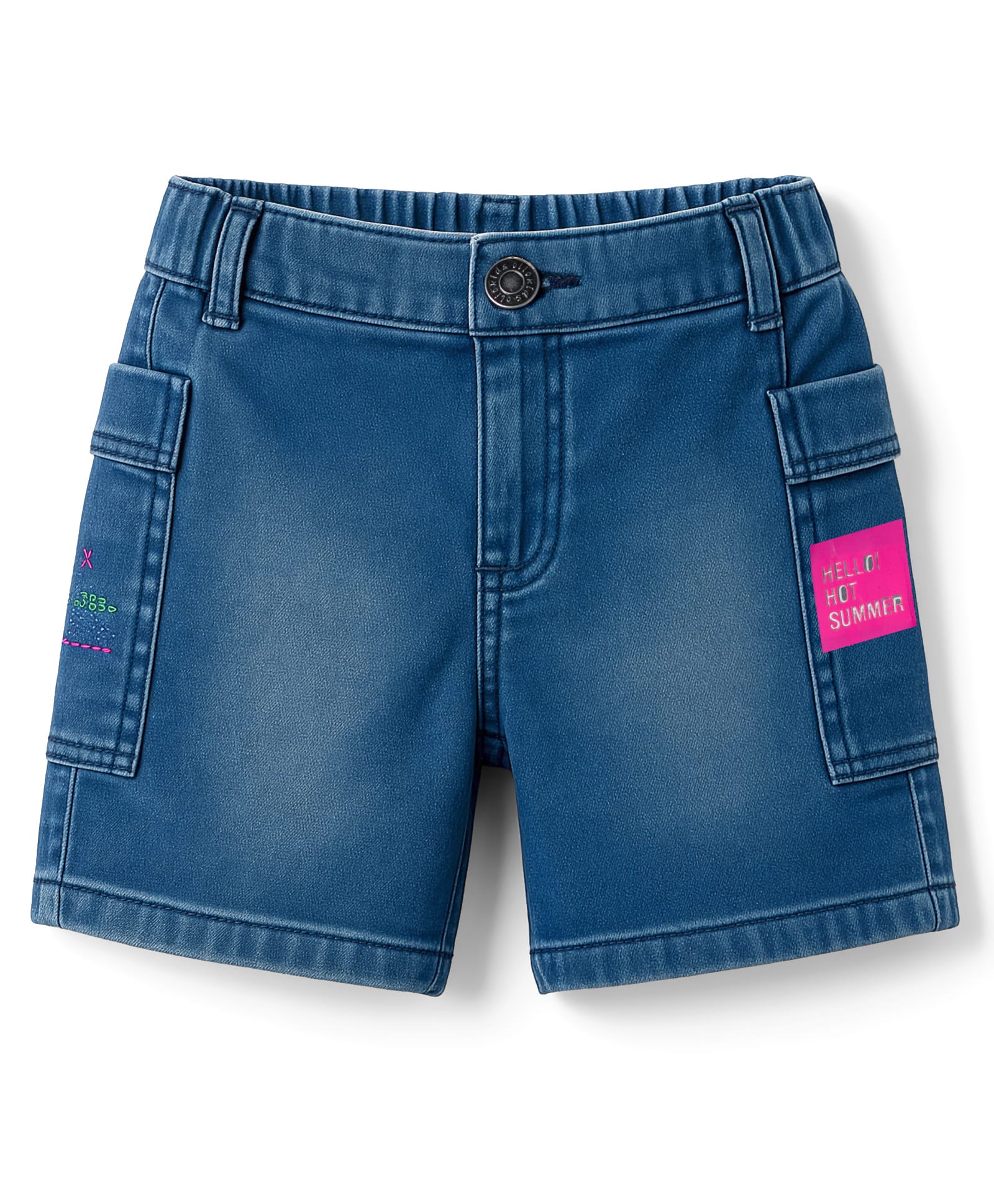 Olio Kids Denim Knit Above Knee Length Shorts With Text Print - Blue-picture-19