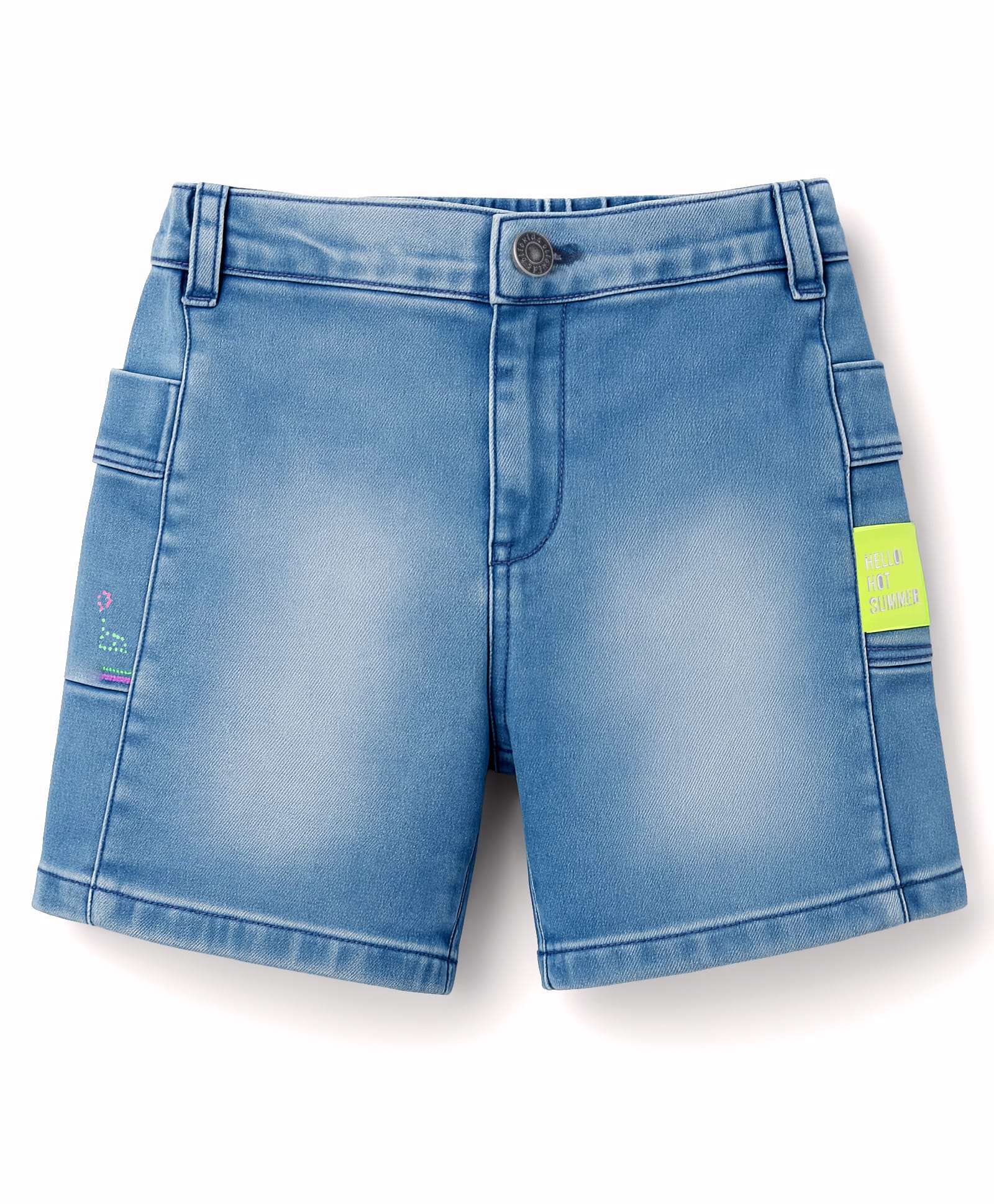 Olio Kids Denim Knit Above Knee Length Shorts With Text Print - Light Blue-picture-28