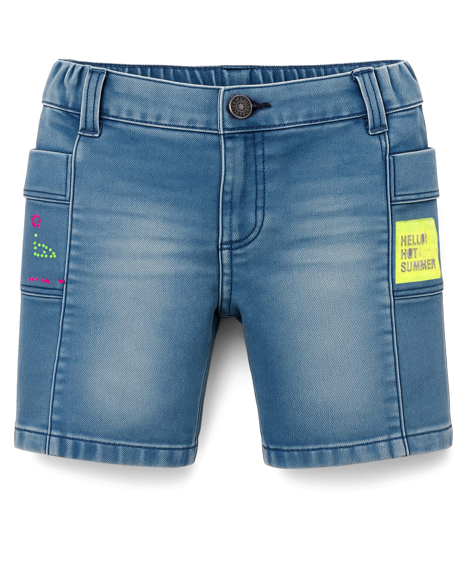 Olio Kids Denim Knit Above Knee Length Shorts With Text Print - Light Blue-picture-32