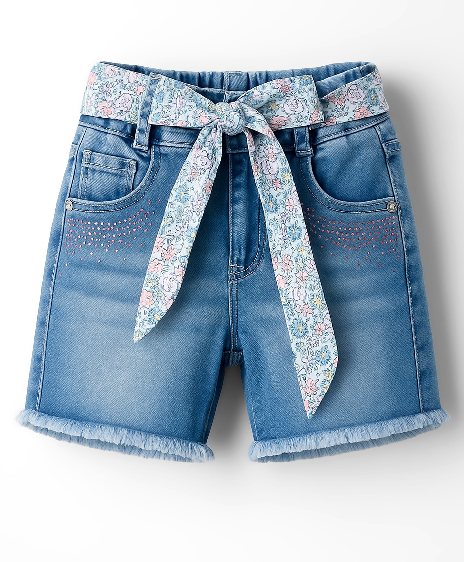 Olio Kids Denim Knit Above Knee Length Shorts With Belt - Light Blue-picture-11
