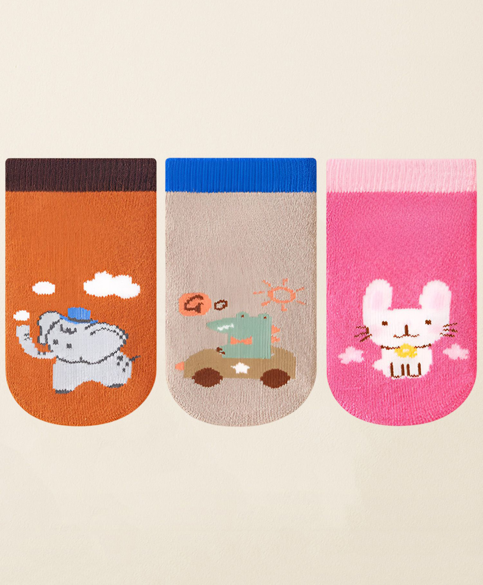 SYGA Pack of 3 Cotton Animal Printed Socks - Red Khaki & Pink-image-35