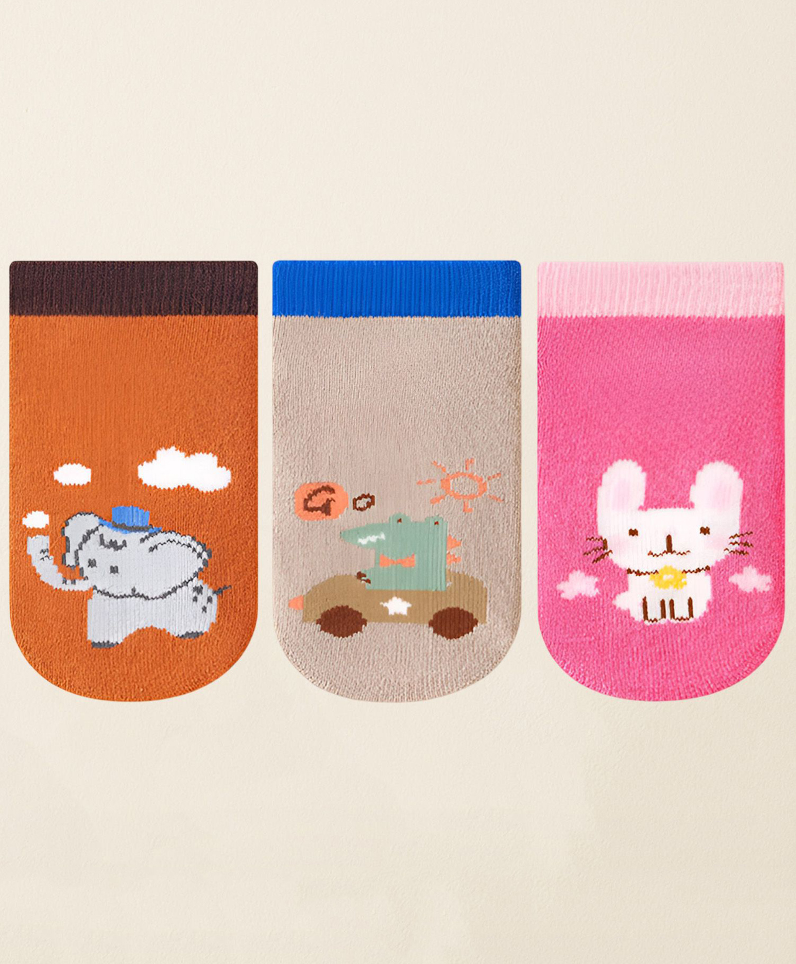 SYGA Pack of 3 Cotton Animal Printed Socks - Red Khaki & Pink-image-34