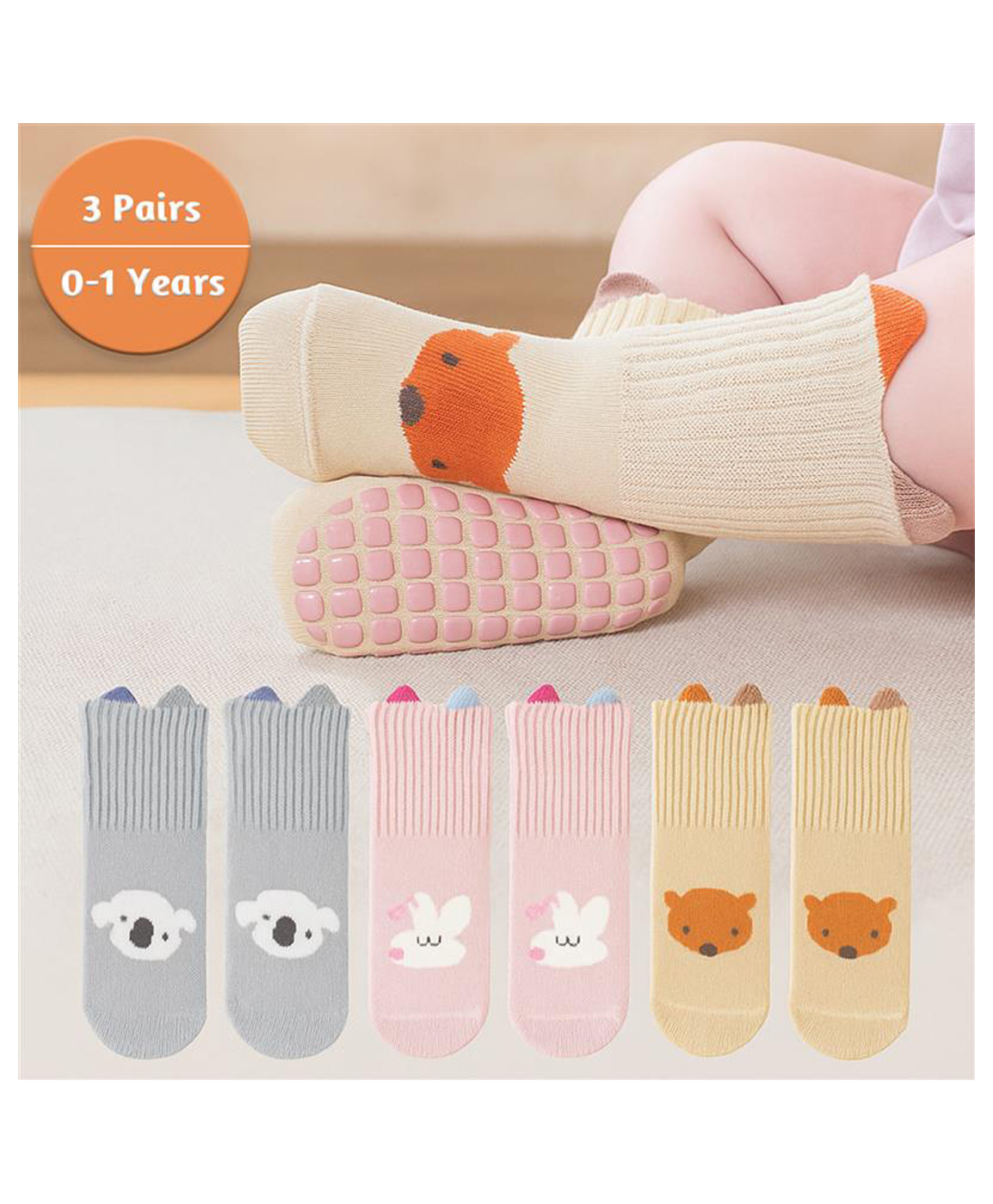 SYGA Pack of 3 Cotton Rabbit & Bear Printed Socks - Grey Pink & Yellow-image-40