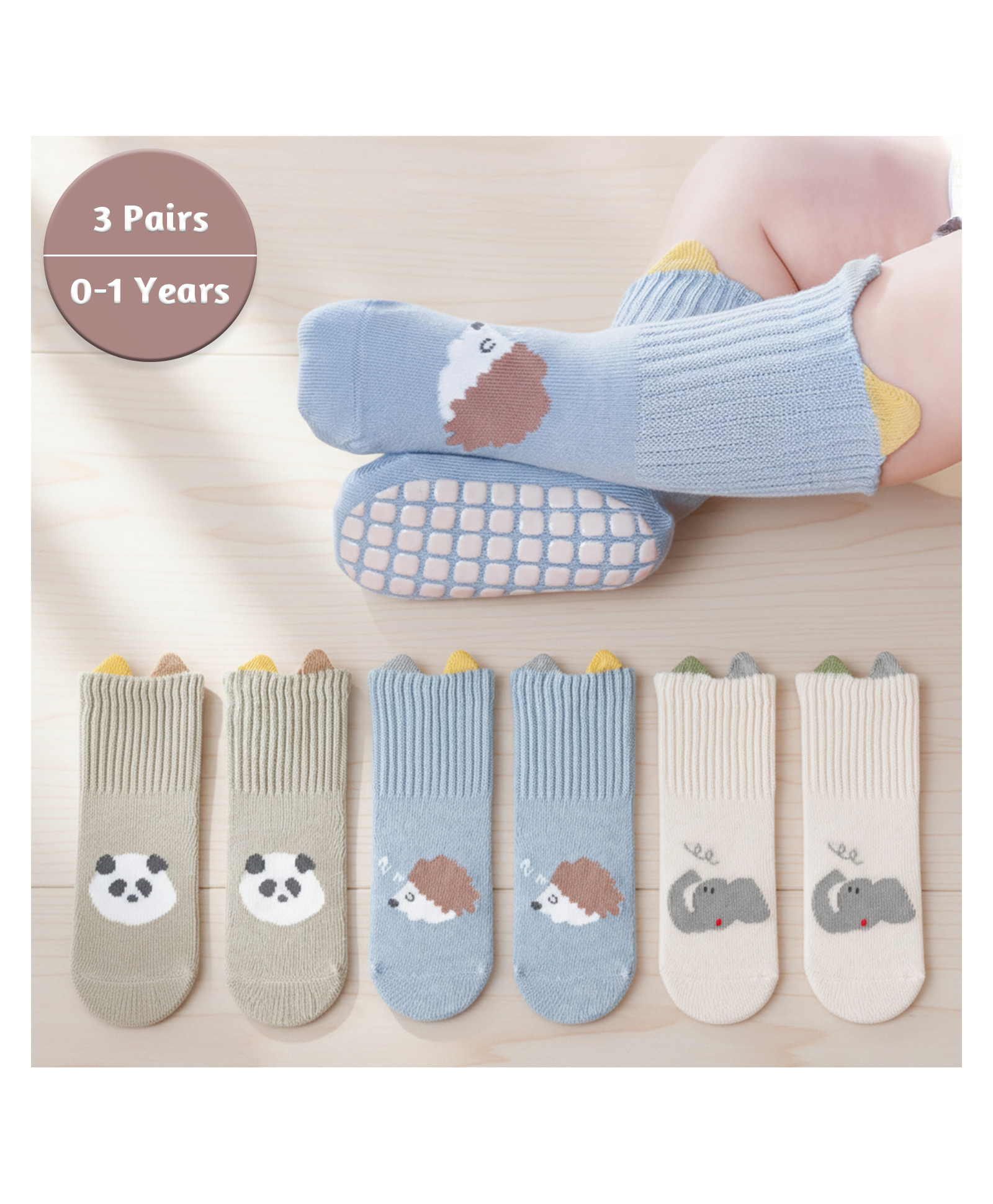 SYGA Pack of 3 Cotton Panda & Elephant Printed Socks - Blue Green & White-image-48