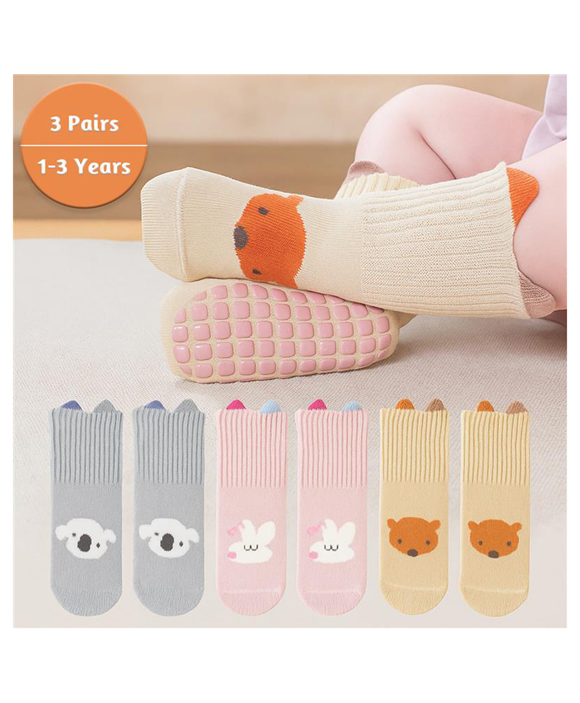 SYGA Pack of 3 Cotton Rabbit & Bear Printed Socks - Grey Pink & Yellow-picture-23