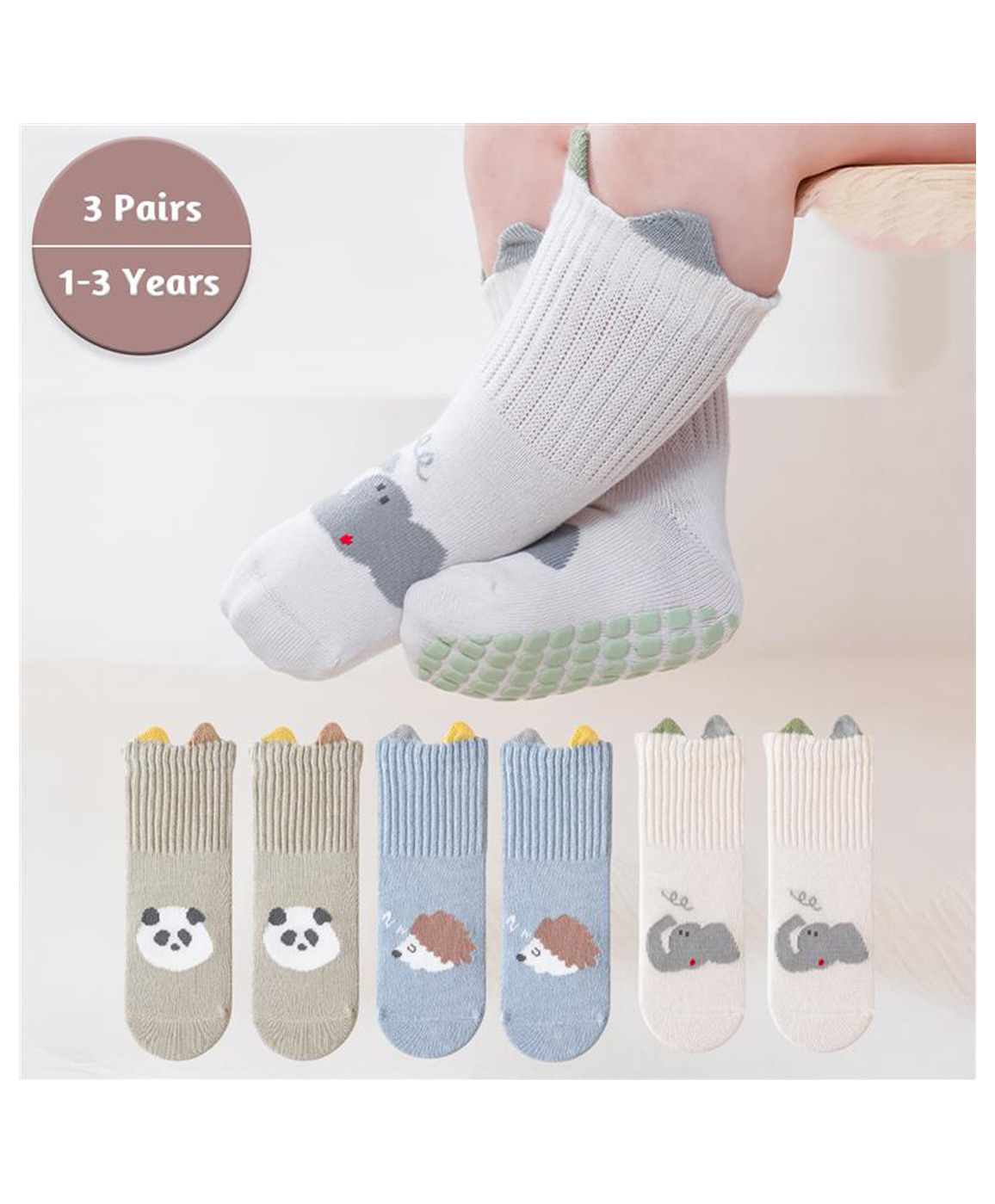 SYGA Pack of 3 Cotton Panda & Elephant Printed Socks - Blue Green & White-image-47