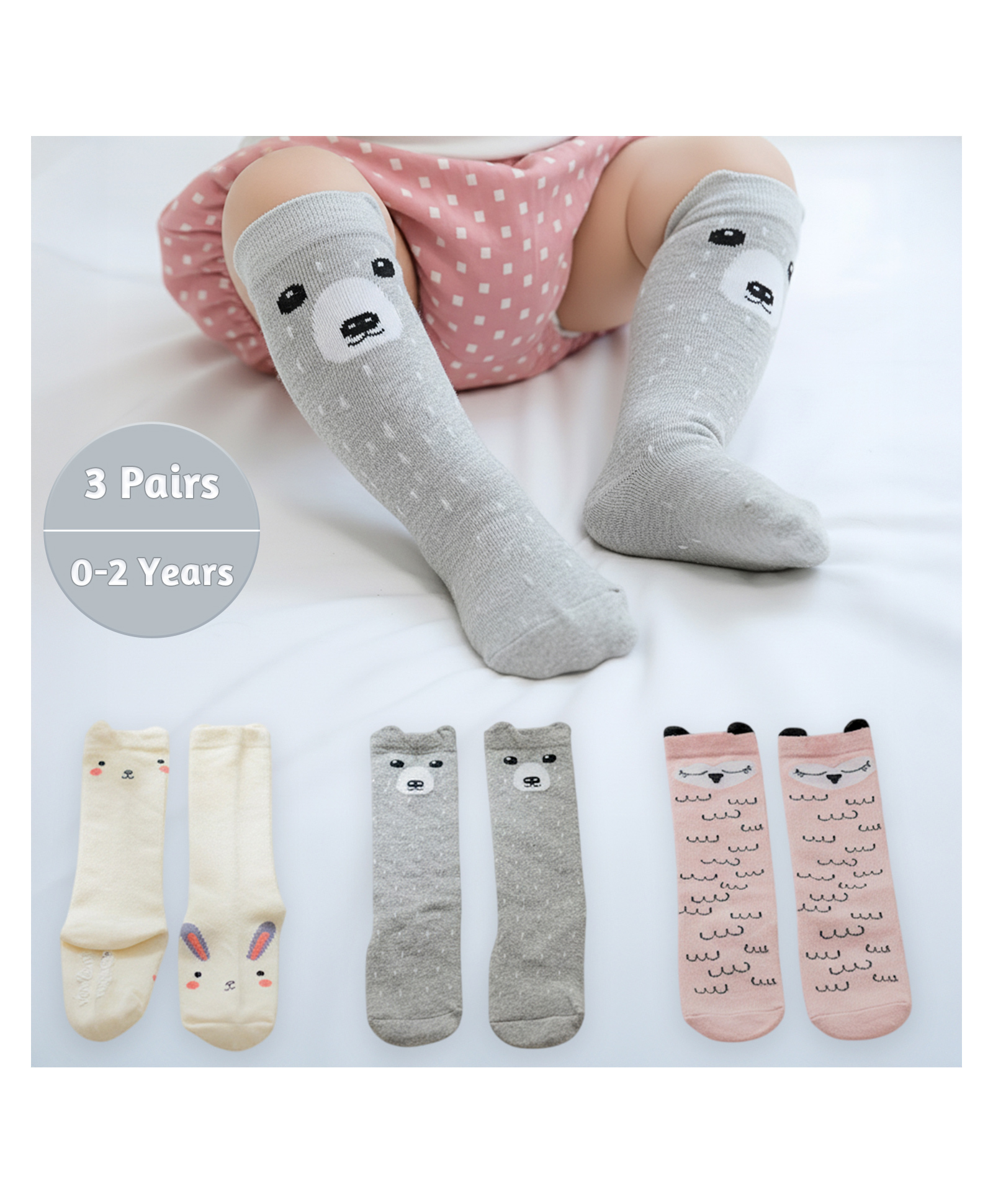 SYGA Pack of 3 Cotton Bunny & Bear Printed Socks - White Pink & Grey-image-31