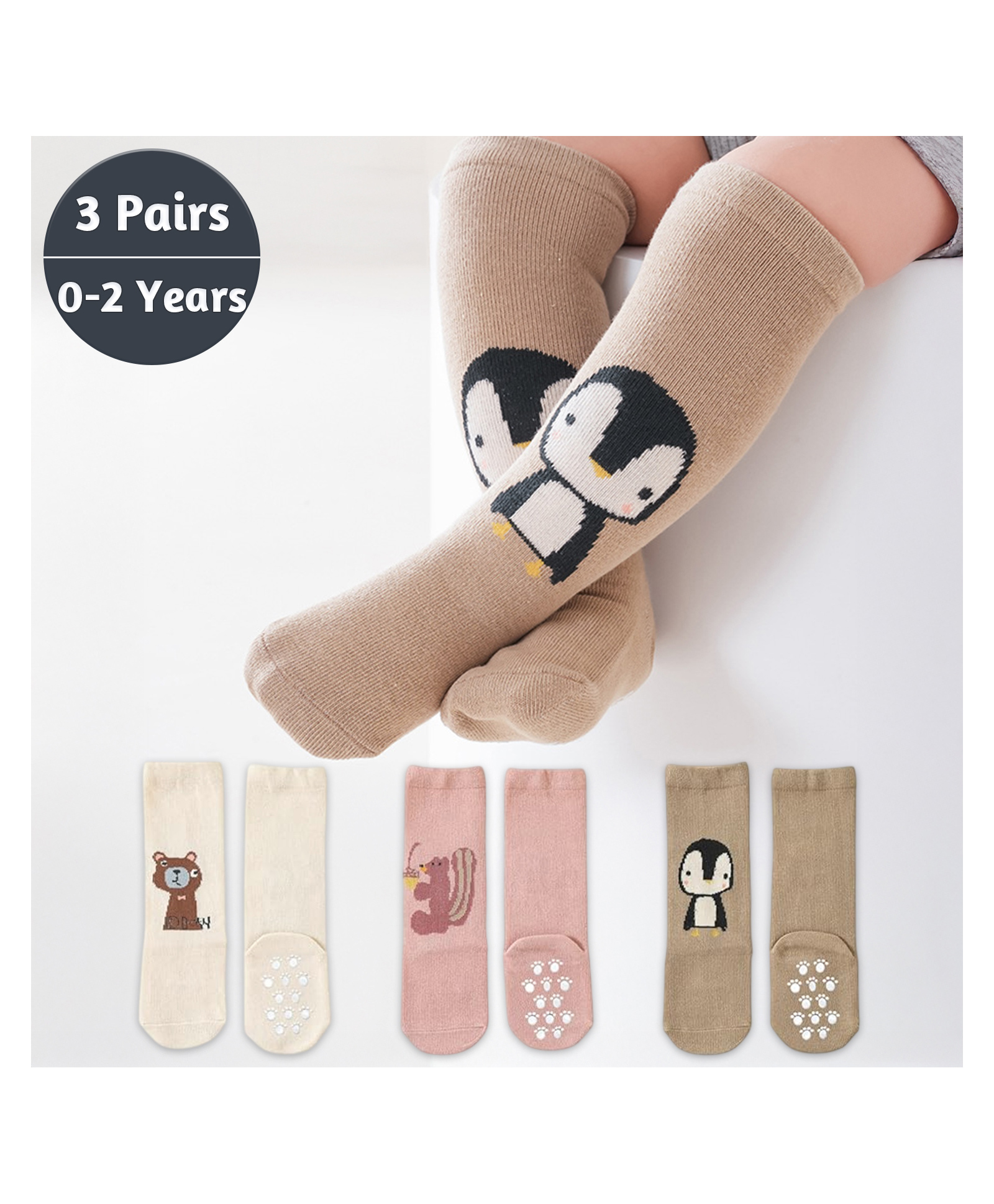 SYGA Pack of 3 Cotton Bear & Penguin Printed Socks - Cream Pink & Beige-image-13