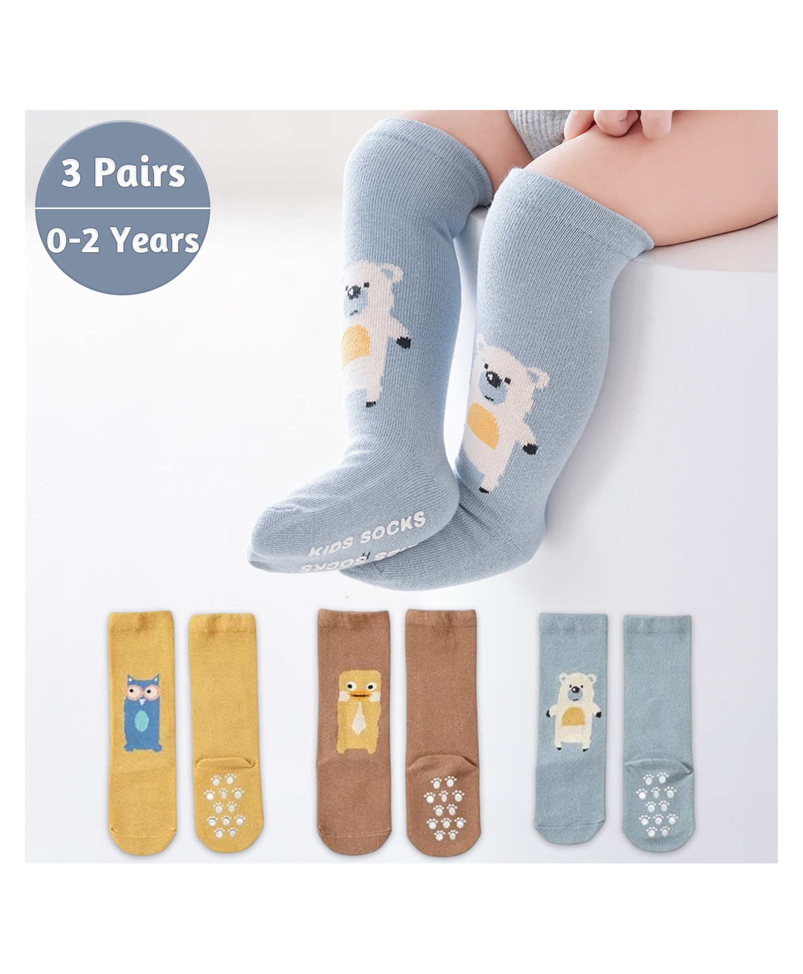 SYGA Pack of 3 Cotton Owl & Bear Printed Socks - Yellow Brown & Blue-image-14