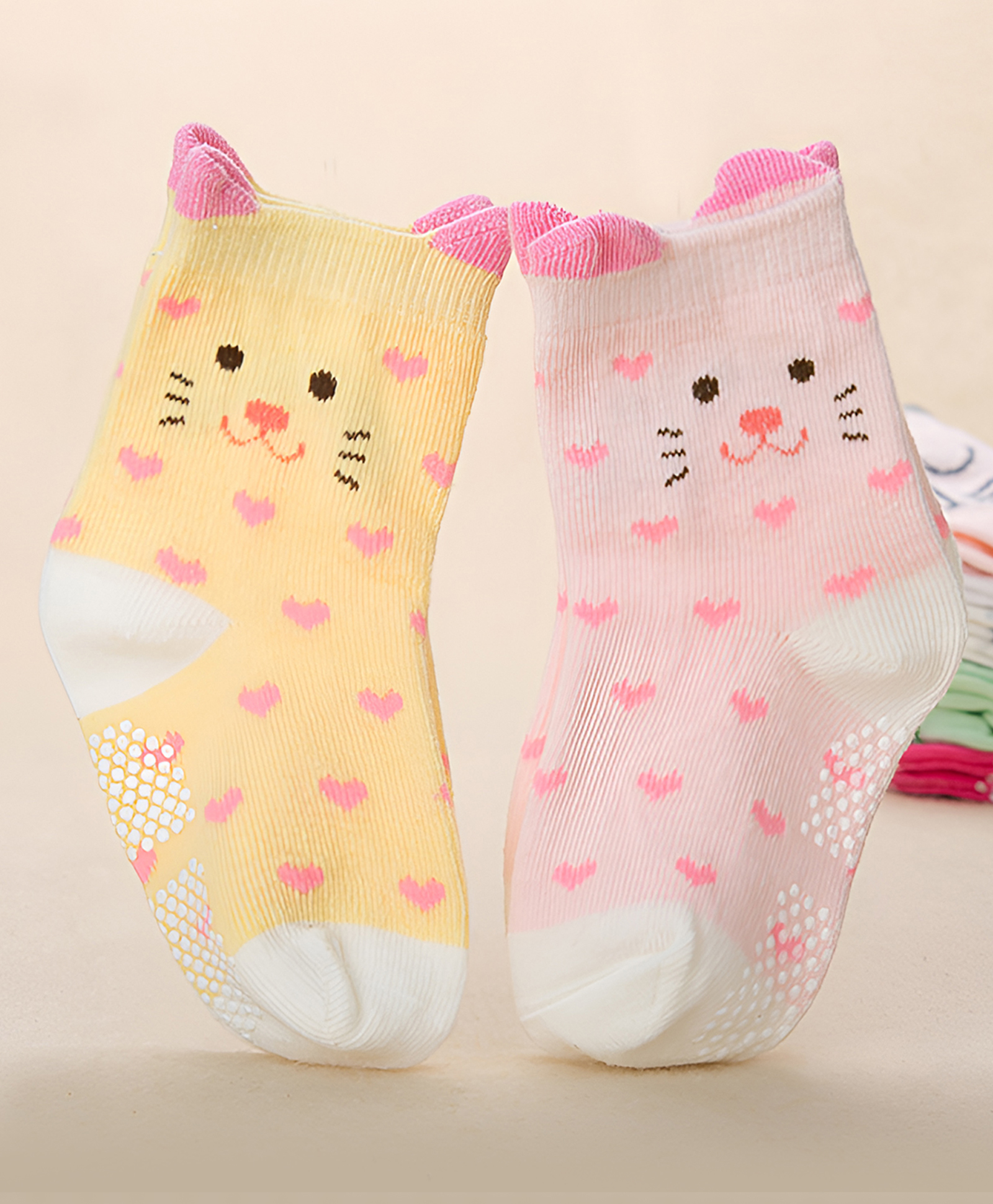 SYGA Pack of 2 Cotton Cat Face & Heart Printed Socks - Pink & Yellow-picture-19