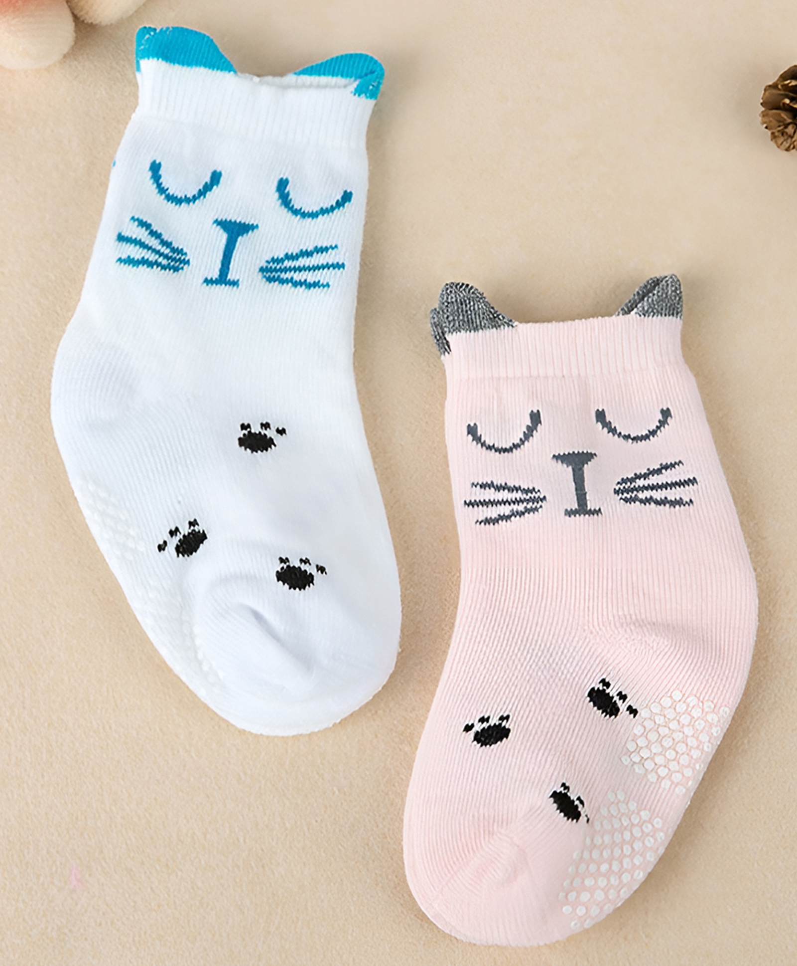 SYGA Pack of 2 Cotton Cat Design with Paw Printed Socks - Blue & Grey-image-17