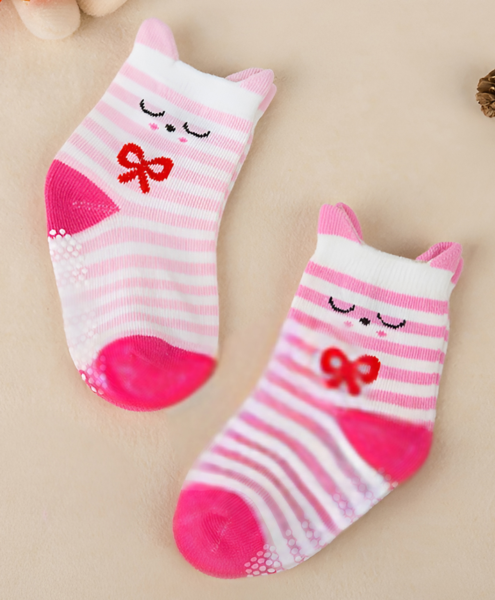 SYGA Pack of 2 Cotton Cute Cat Face Bow Design with Stripedes Socks - Pink & White-image-12