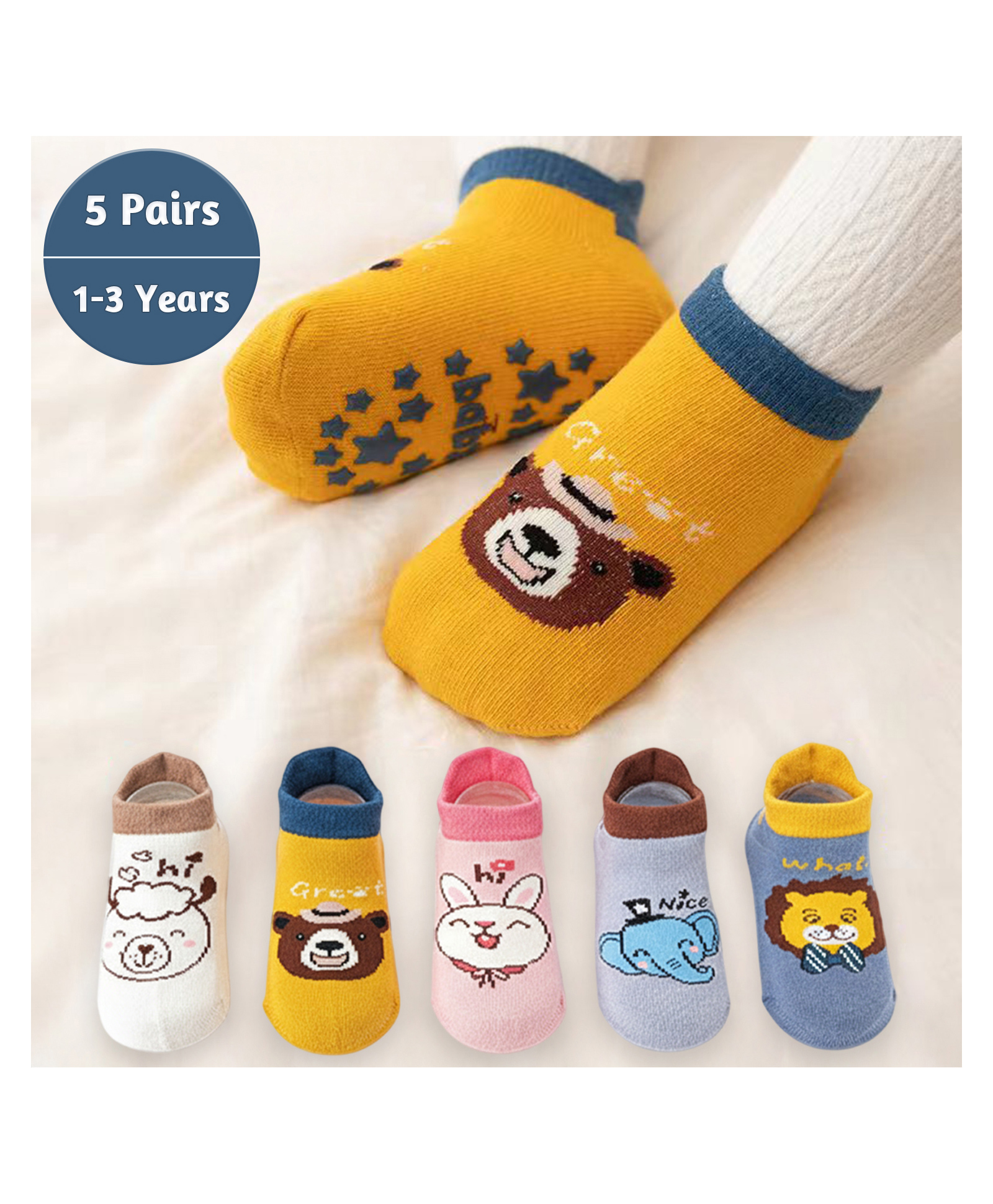 SYGA 5 Pair Cotton Lion and Bear Print Socks - Multi colour-image-32