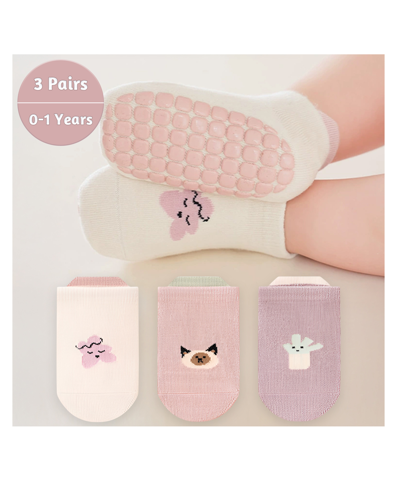 SYGA Pack of 3 Cotton Cat Printed Socks - Cream Pink & Purple-image-45
