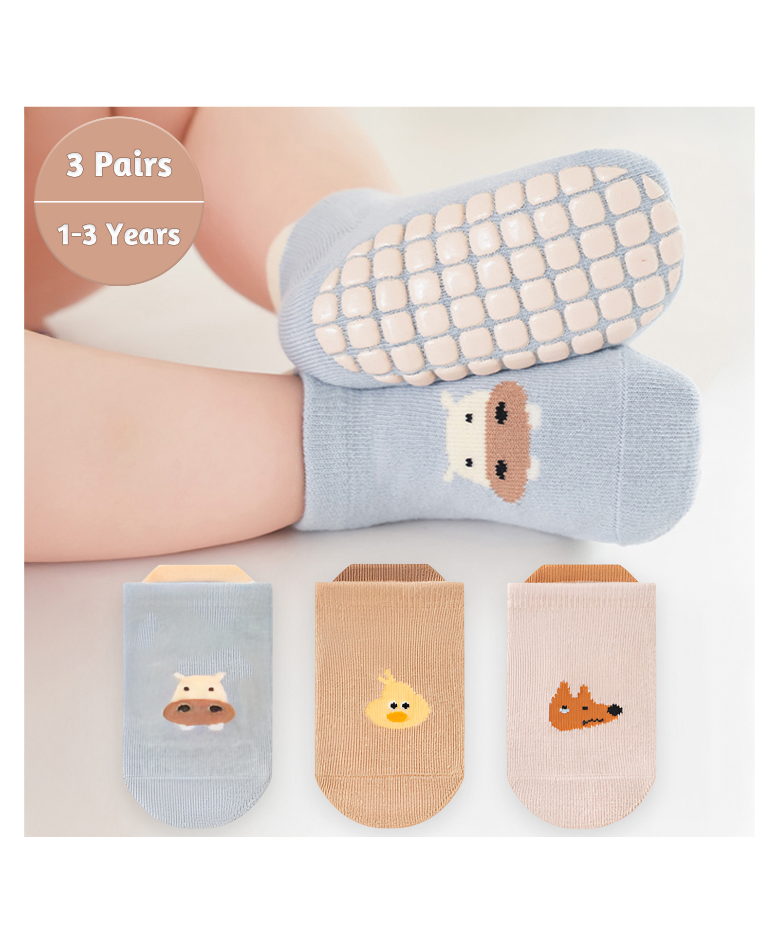 SYGA Pack of 3 Cotton Hippo Printed Socks - Blue Beige & Peach-image-18