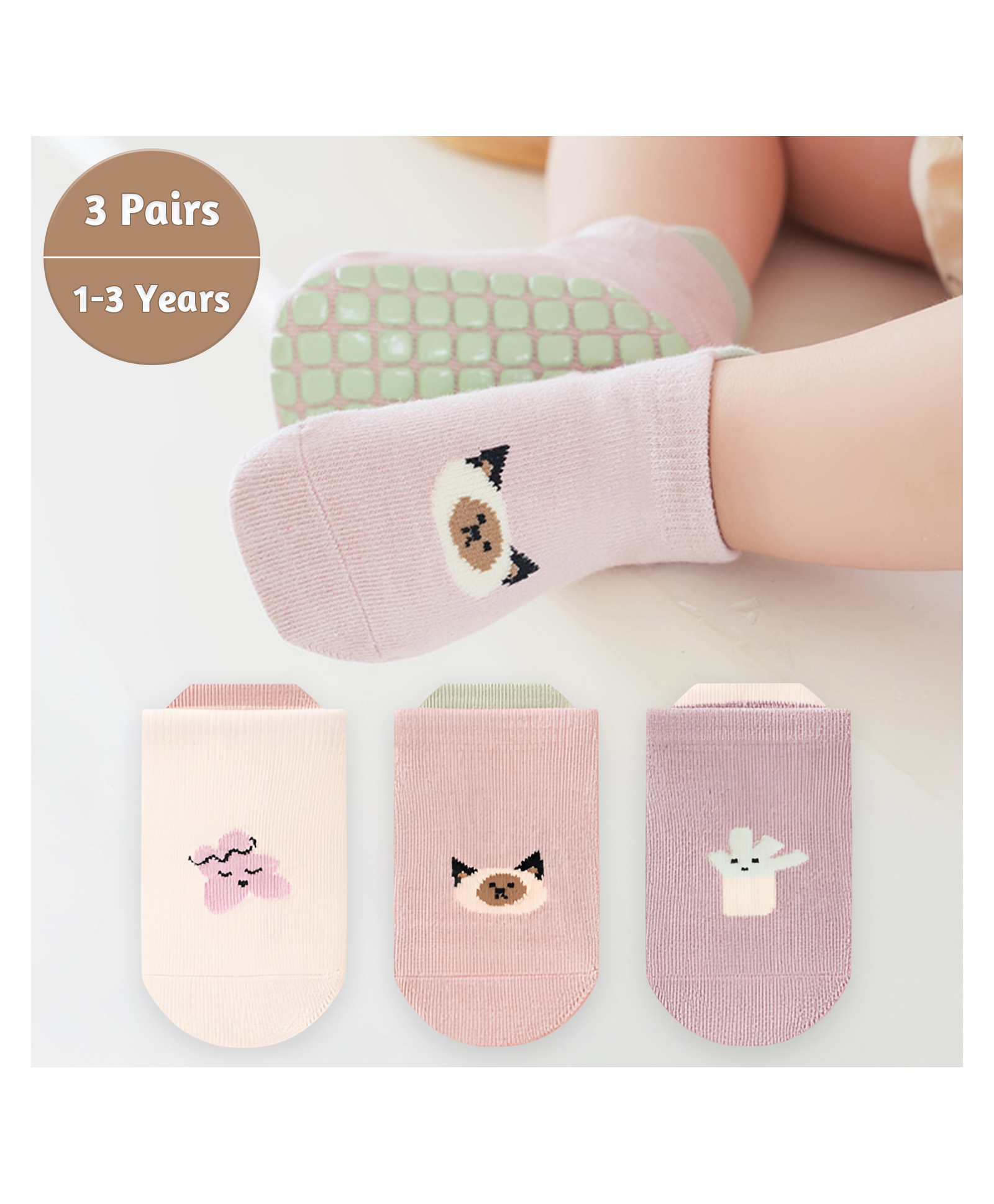 SYGA Pack of 3 Cotton Cat Printed Socks - Cream Pink & Purple-image-9