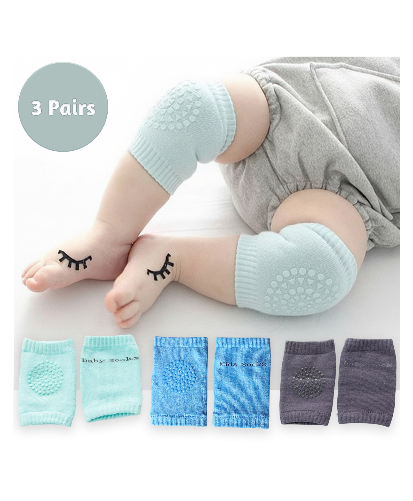 SYGA Pack of 3 Cotton Knee Pad -Grey Green & Blue-image-47