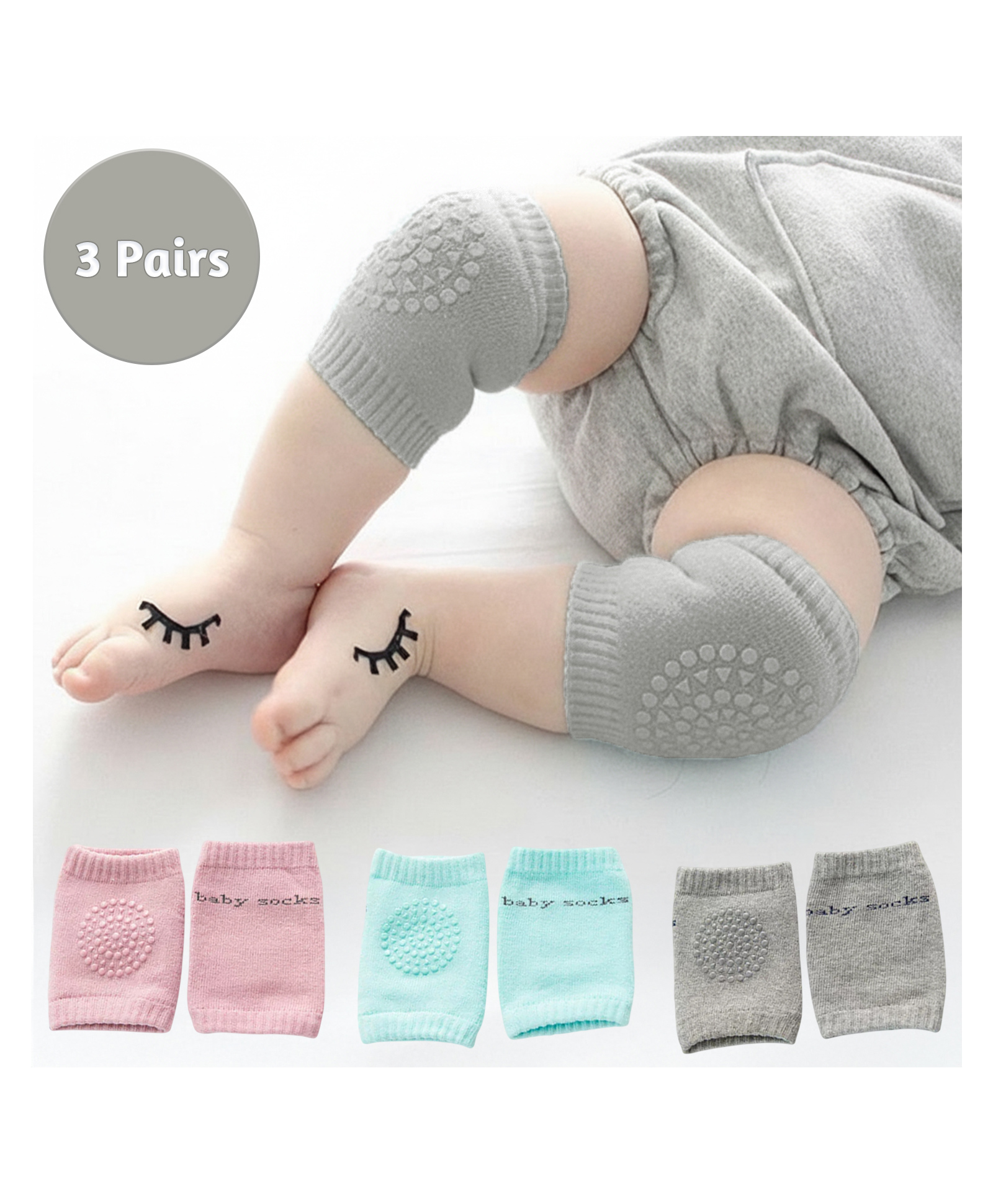 SYGA 3 Pairs Cotton Solid Knee Pad - Grey & Green & Pink-image-41