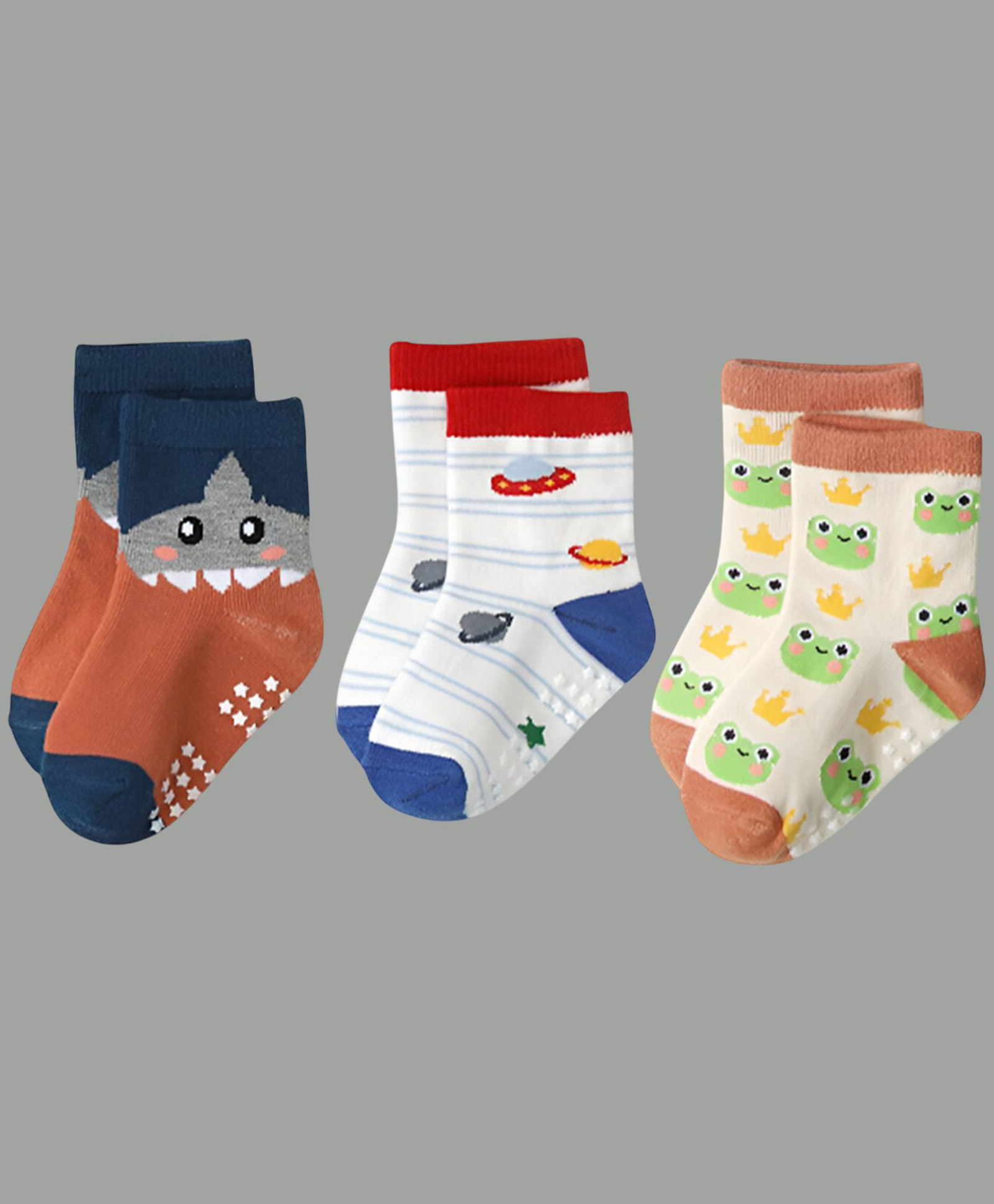 SYGA Pack of 3 Cotton Frog & Space Printed Socks - Multi Colour-picture-24
