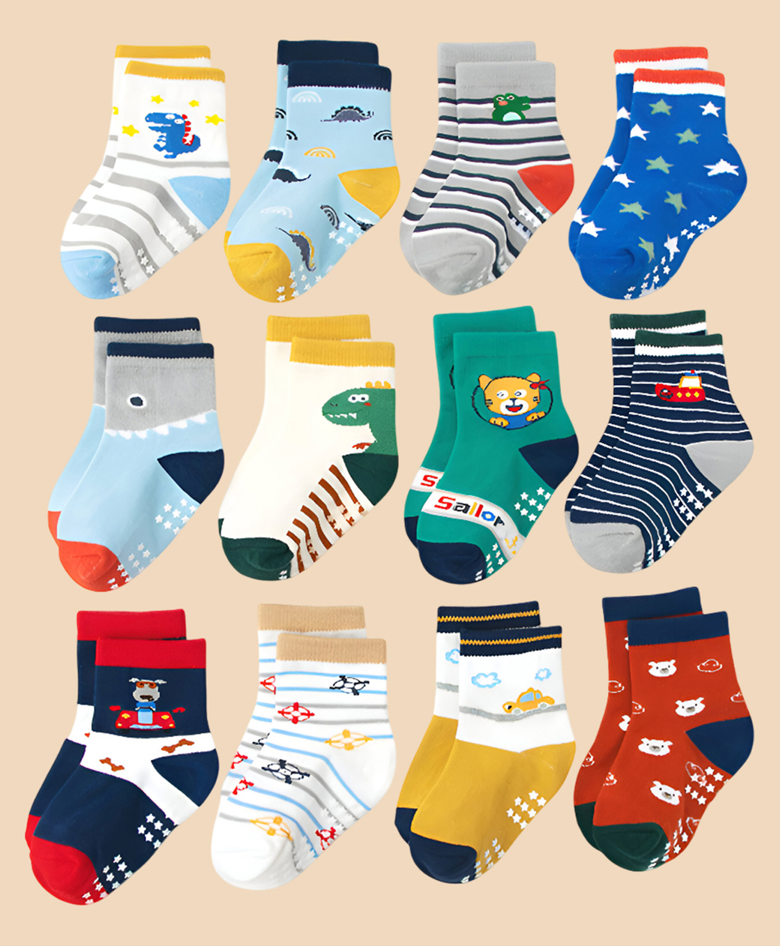 SYGA Pack of 12 Cotton Star & Shark Printed Socks - Multi Colour-picture-23