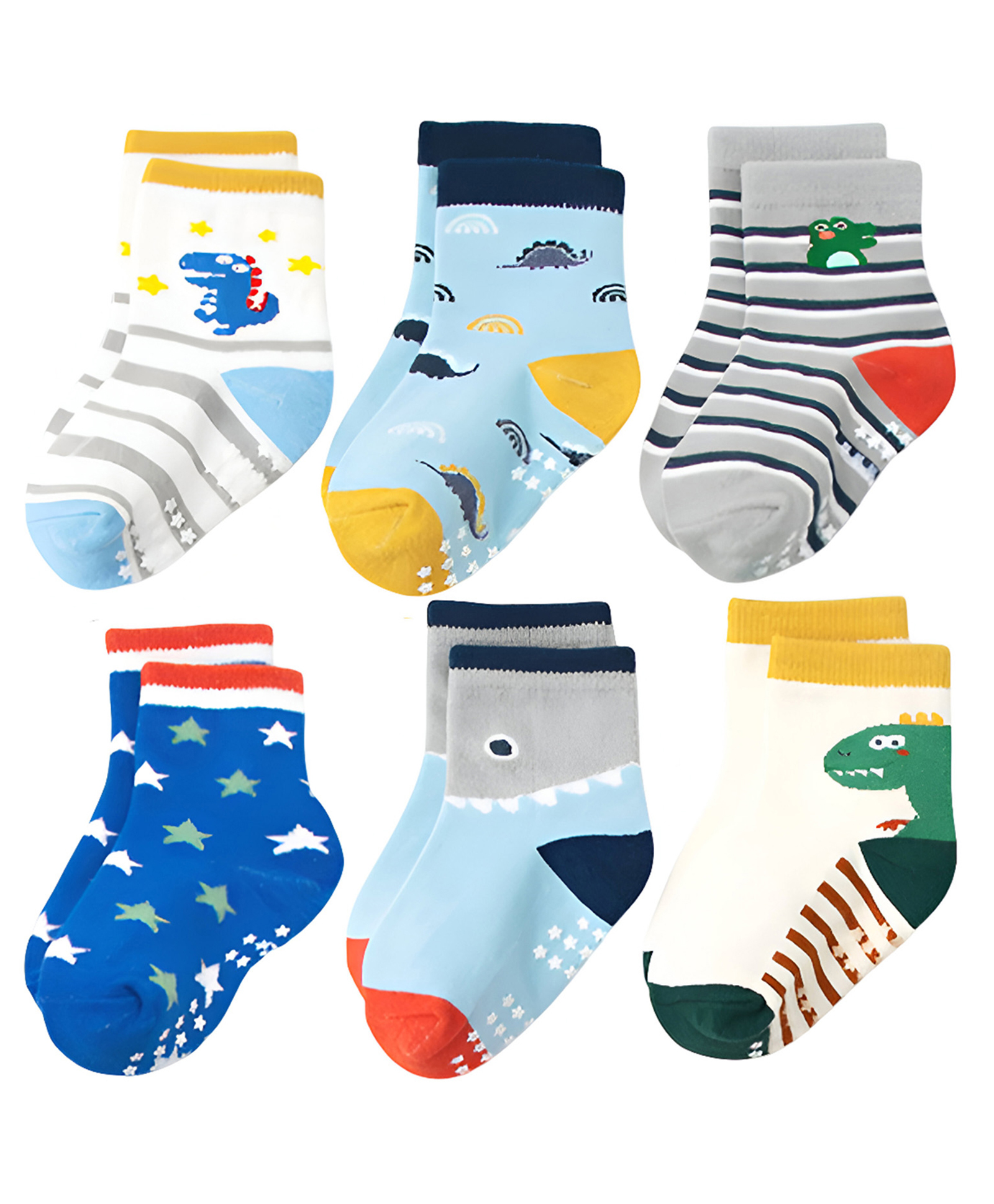 SYGA Pack of 6 Cotton Dinosaur & Striped Printed Socks - Multi Colour-picture-14