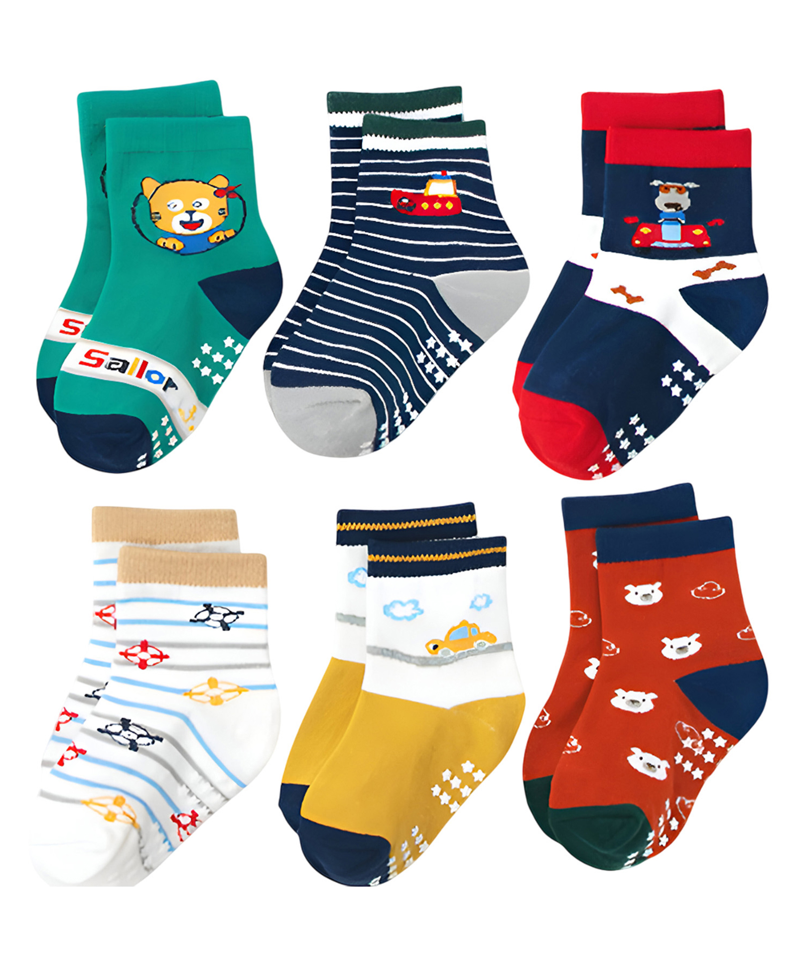 SYGA Pack of 6 Cotton Cartoon & Striped Printed Socks - Multi Colour-picture-20