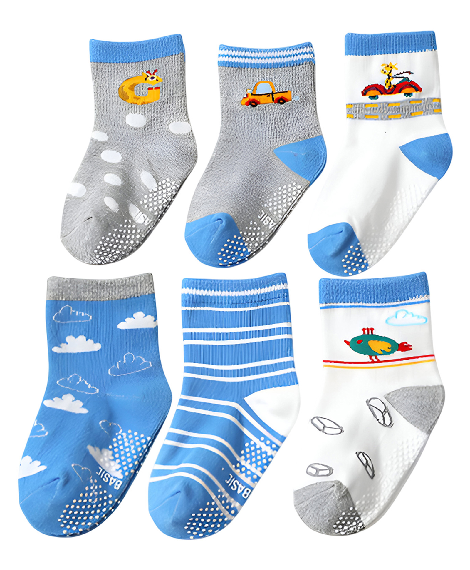 SYGA Pack of 6 Cotton Striped & Cloud Printed Socks - Multi Colour-image-3