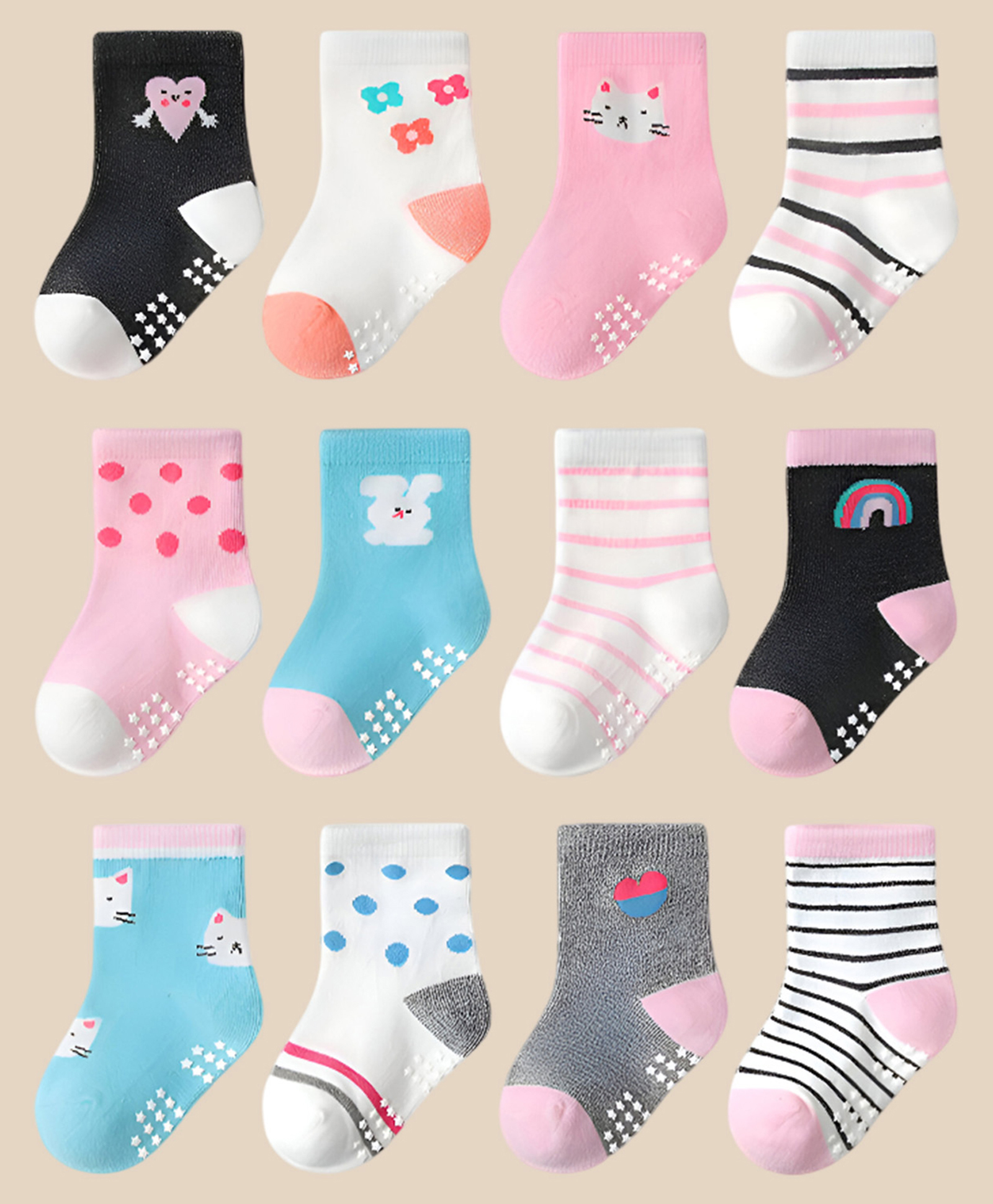 SYGA Pack of 12 Cotton Flower & Cat Printed Socks - Multi Colour-picture-18