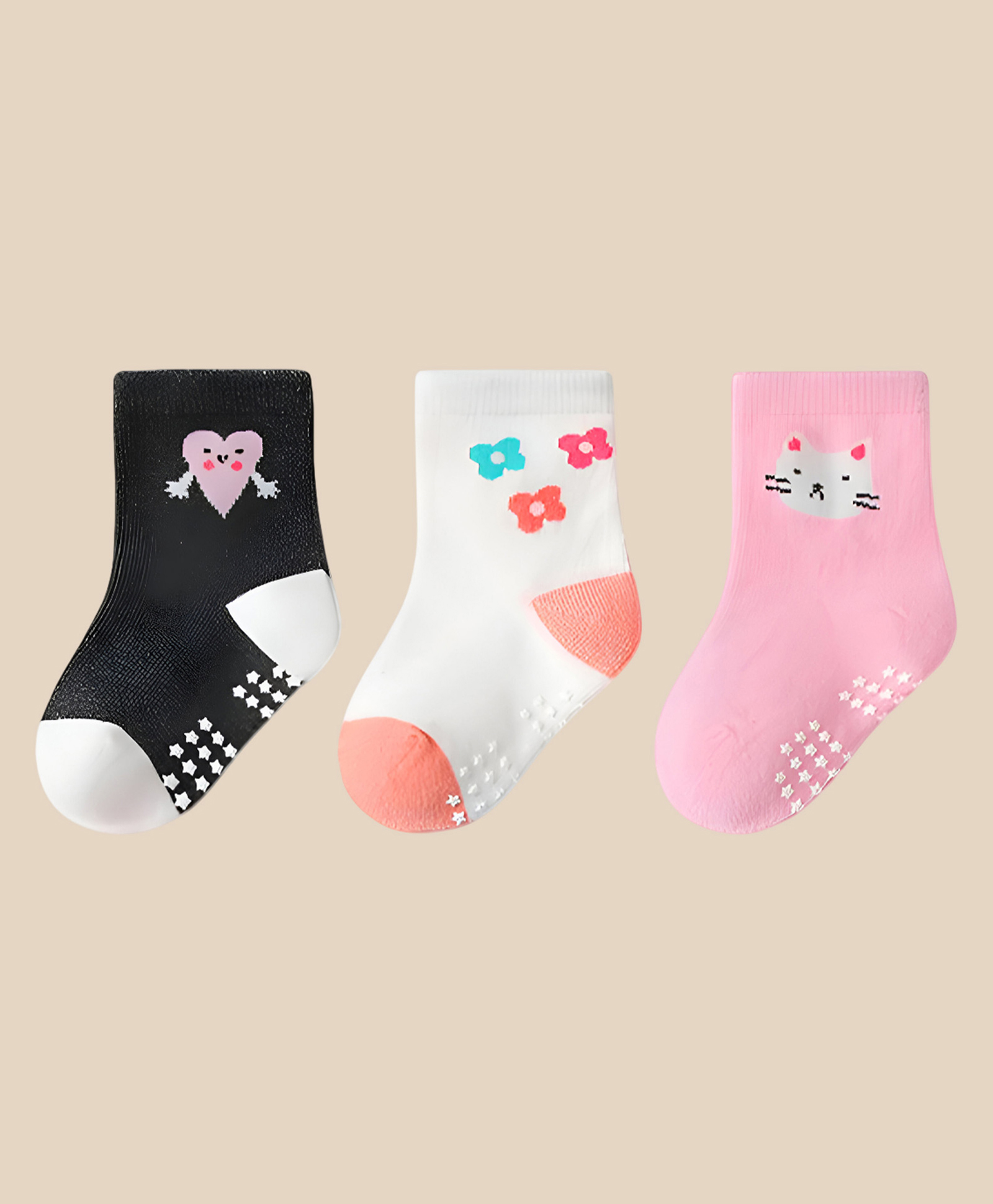 SYGA Pack of 3 Cotton Flower & Cat Printed Socks - Multi Colour-picture-12