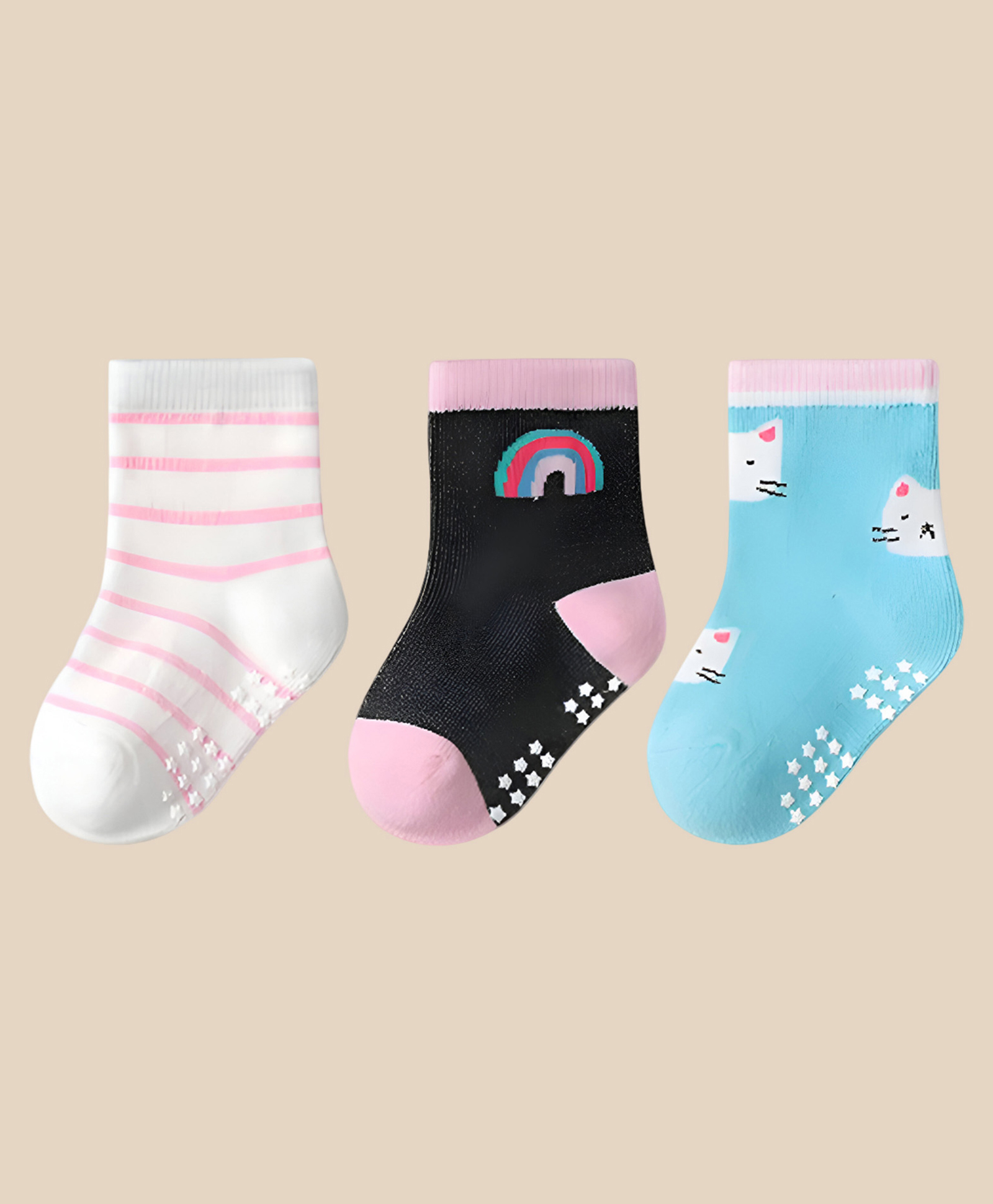SYGA Pack of 3 Cotton Striped & Cat Printed Socks - Multi Colour-picture-14