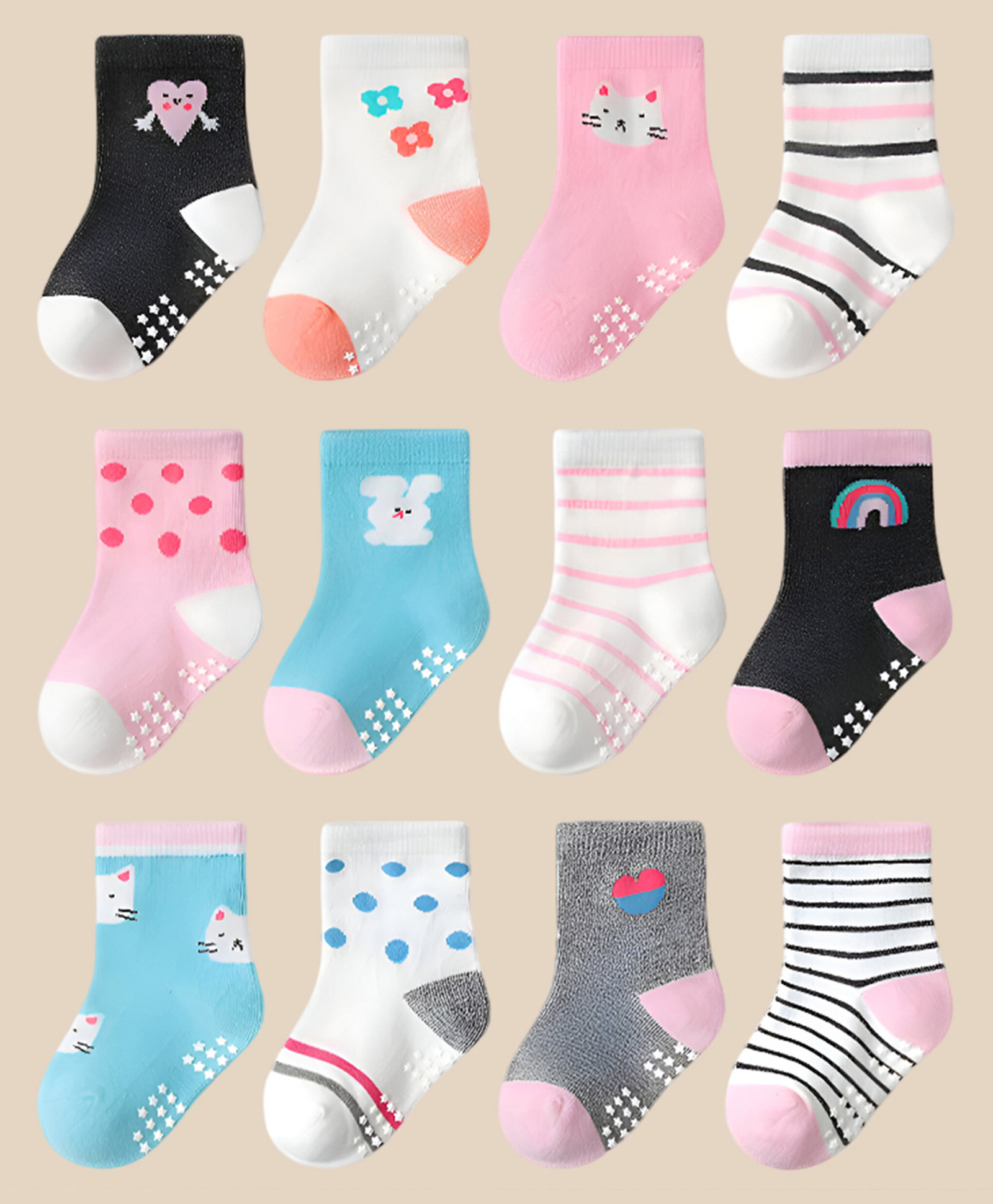 SYGA Pack of 12 Cotton Flower & Cat Printed Socks - Multi Colour-image-42