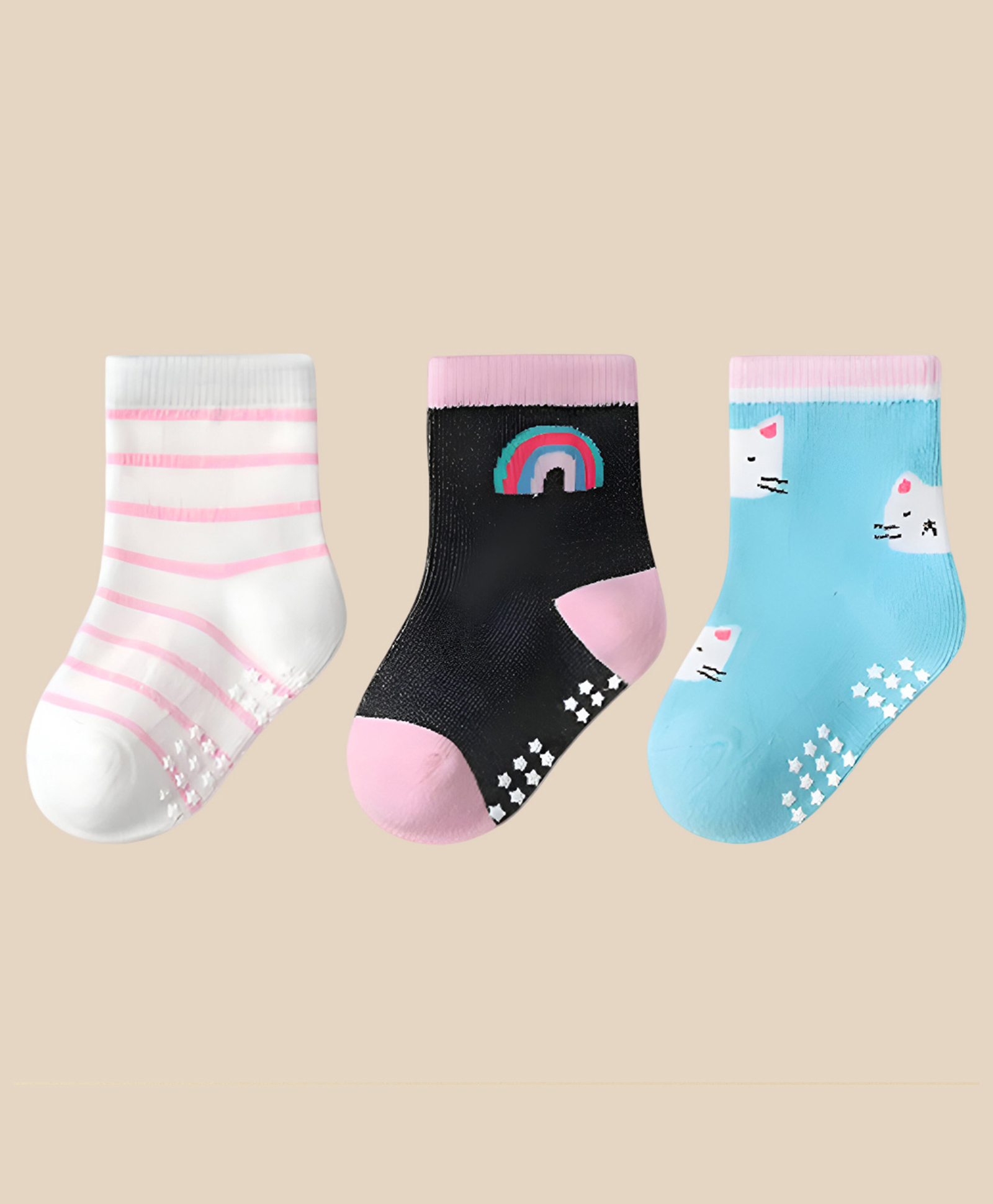SYGA Pack of 3 Cotton Striped & Cat Printed Socks - Multi Colour-picture-41