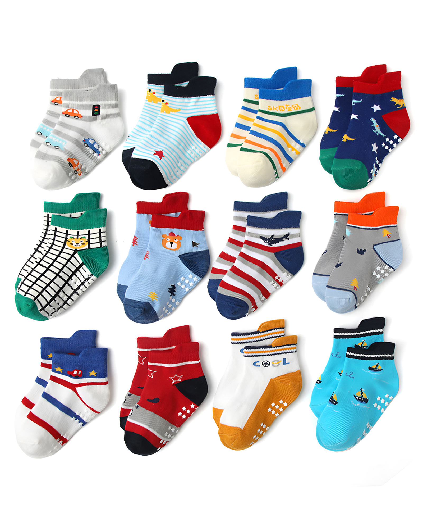 SYGA Pack of 12 Cotton Striped & Car Printed Socks - Multi Colour-image-10