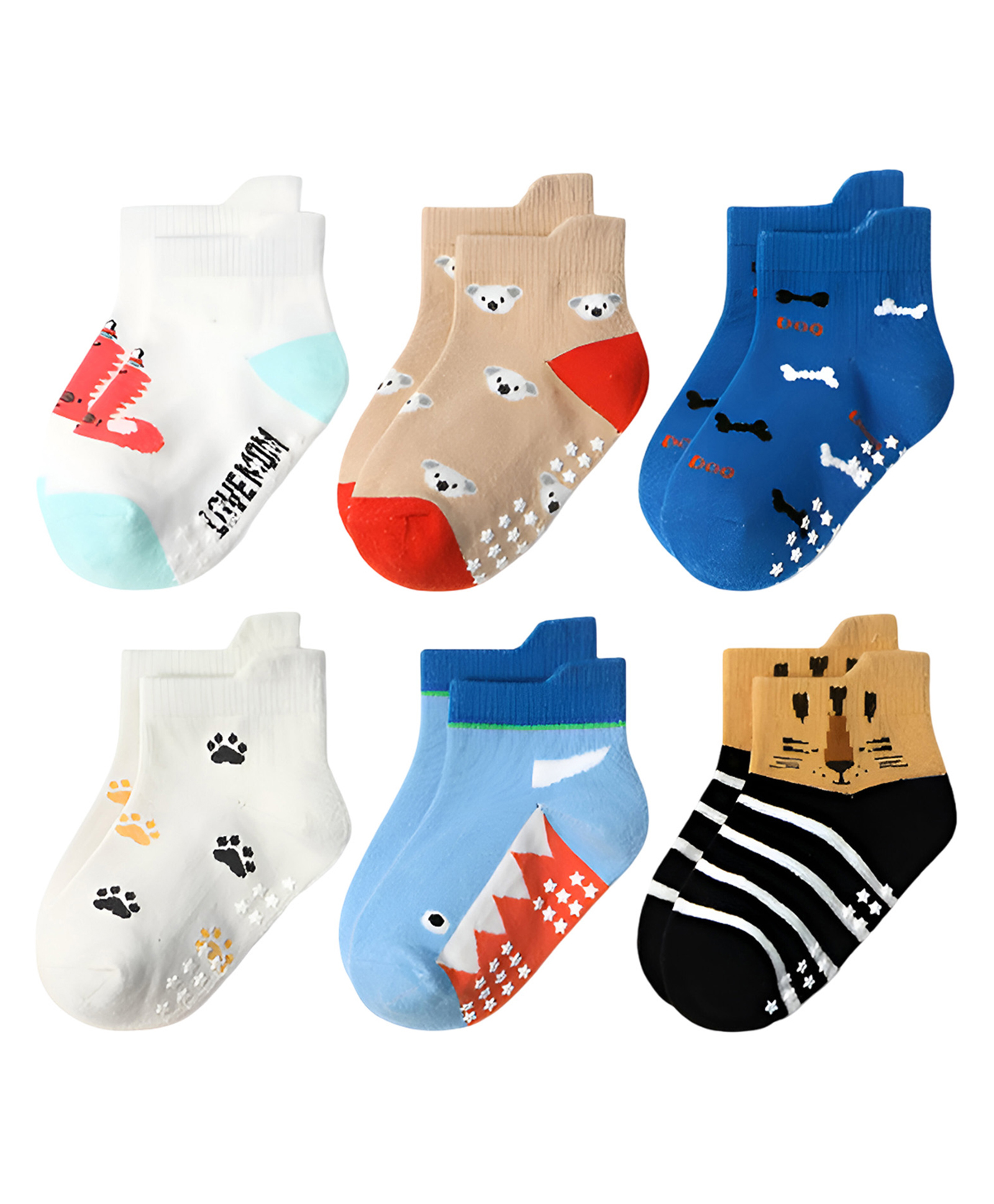 SYGA 6 Pairs Cotton Tiger and Shark Print Socks - Multi colour-image-6