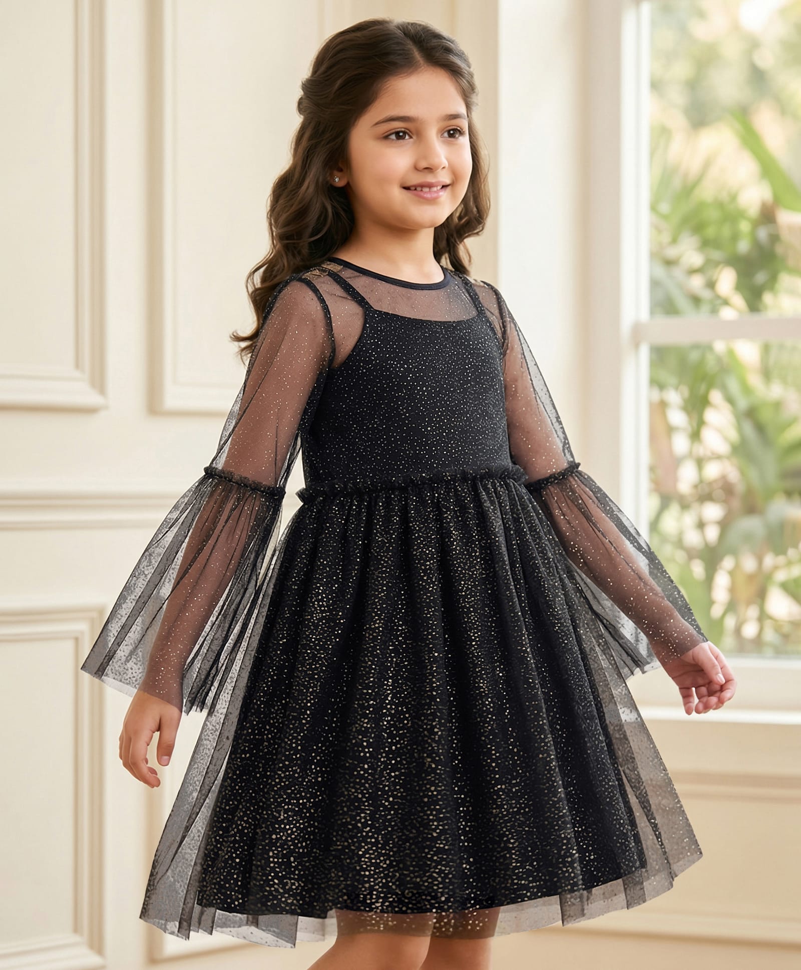 Kookie Kids Net Woven Full Sleeves Shimmer Party Dress With Spaghetti - Black-image-1