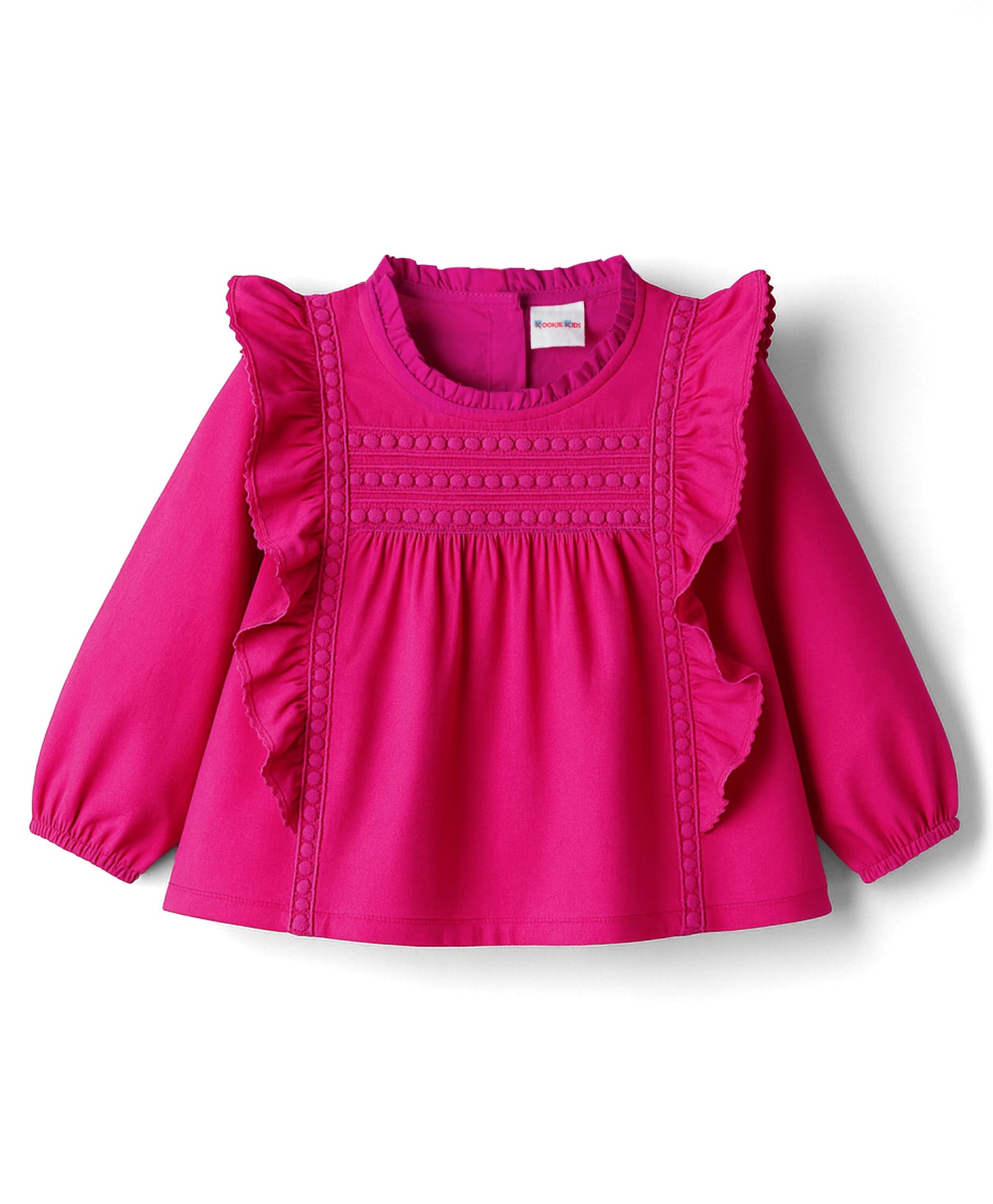 kookie kids india Kookie Kids Cotton Woven Full Sleeves Solid Color Peplum Top with Frill & Lace Detailing - Fuchsia-picture-36