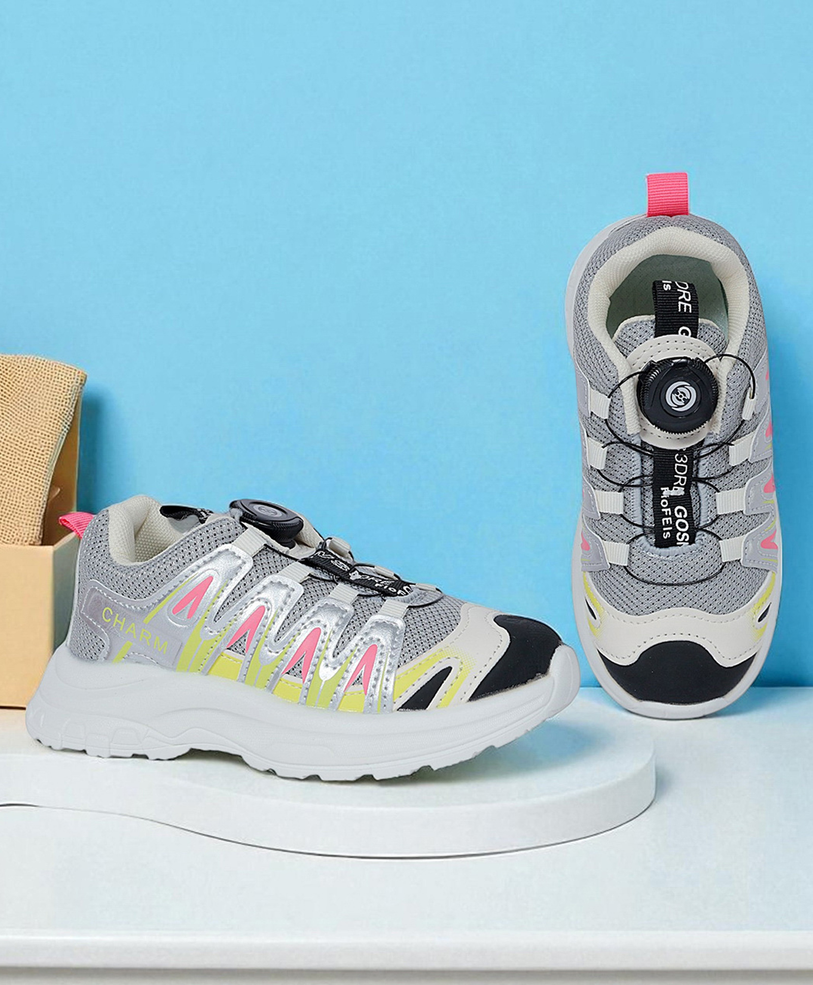 TRUFFLE COLLECTION Mesh Detailed & Colour Blocked WIth Rotating Button Closure Shoes - Grey & Pink-image-45