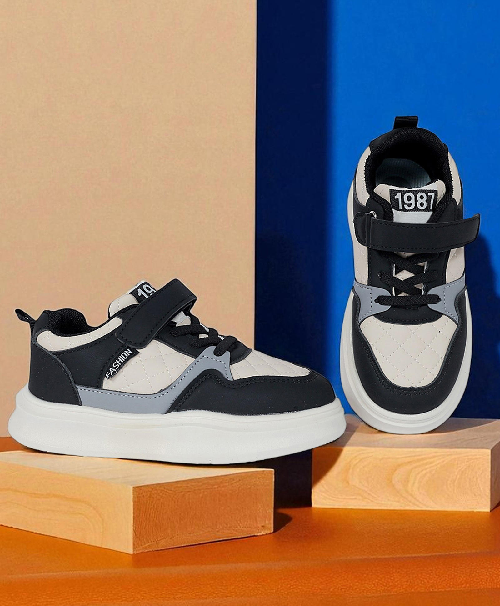 TRUFFLE COLLECTION Colour Blocked WIth Lace Up & Velcro Closure Shoes - Black-image-46