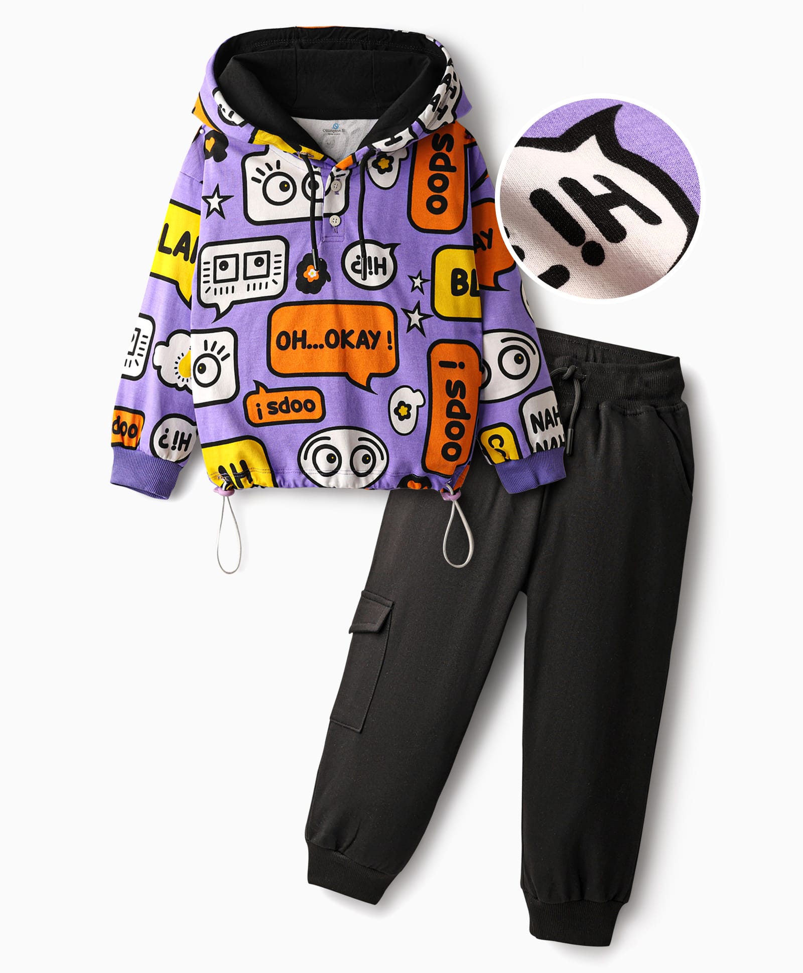 OLLINGTON ST. Cotton Full Sleeves Text Printed Hooded Sweatshirt & Knit Joggers Set -Purple & Black-image-46