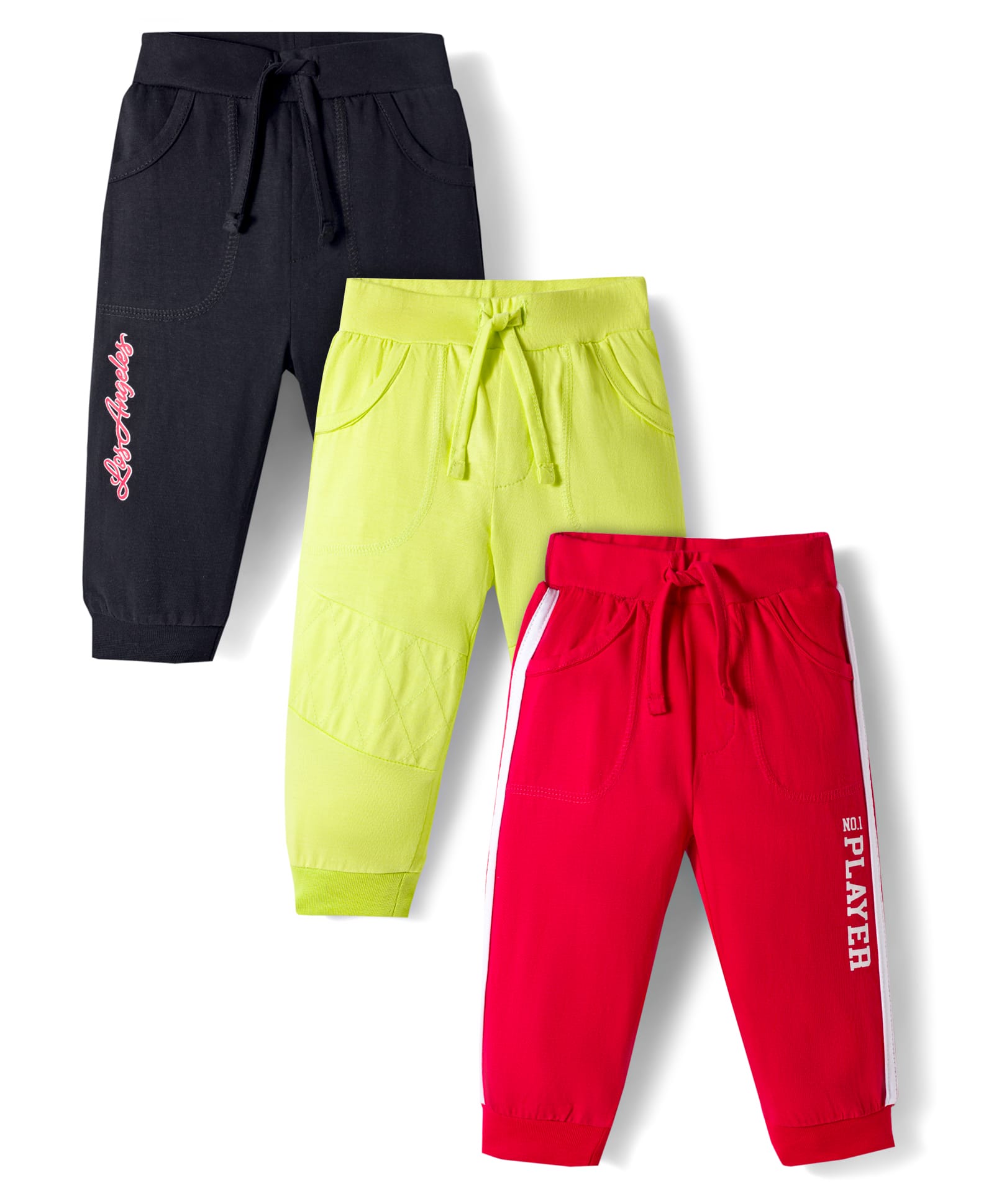 Doodle Poodle 100% Cotton Knit Full Length Lounge Pants with Text Print & Pockets Pack of 3 - Red Black & Limegreen-image-35