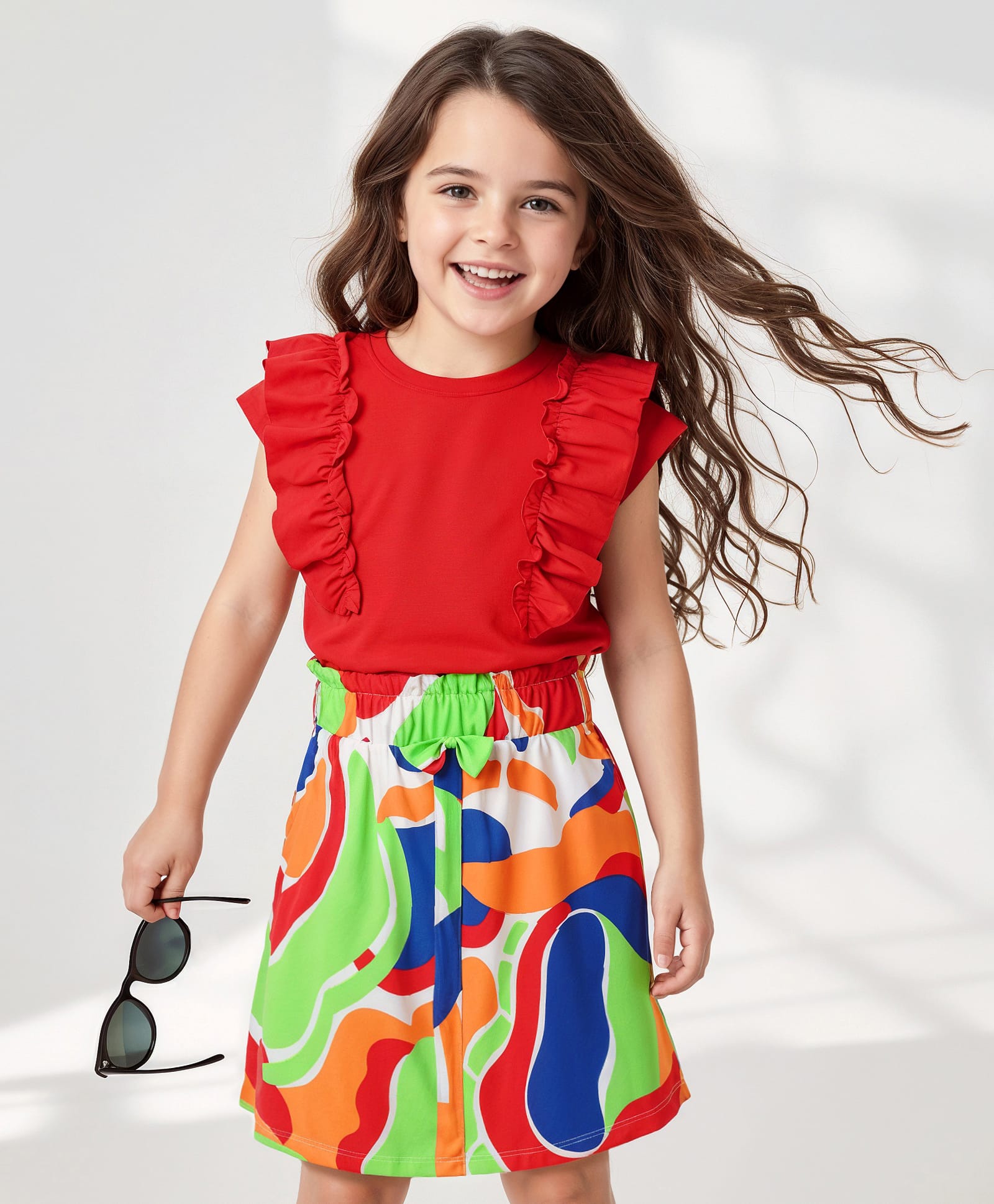 OLLINGTON ST. Cotton Half Sleeves Top & Printed Skirt Set - Red & Multicolor-image-6
