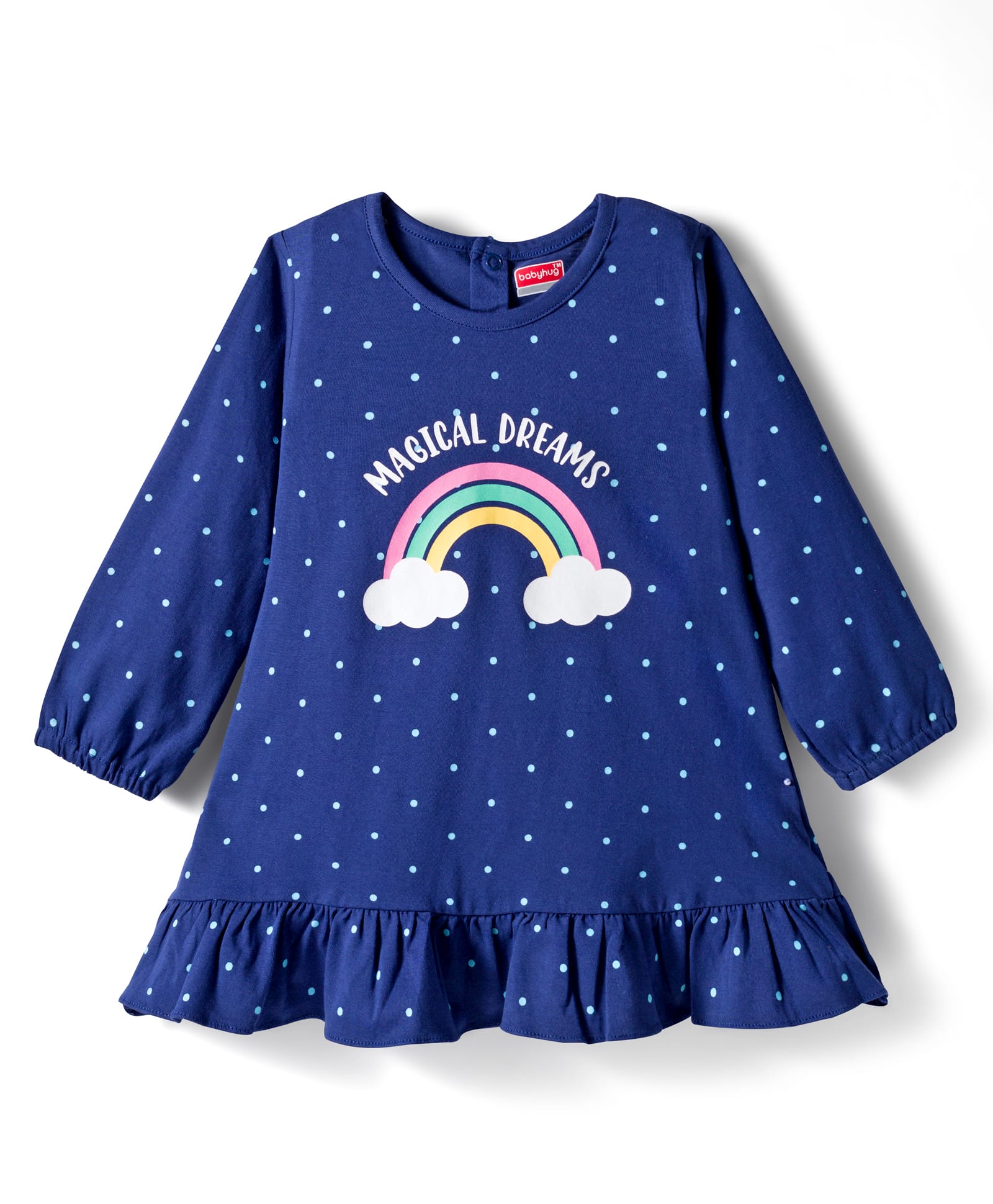 Babyhug Cotton Knit Full Sleeves Nighty With Text & Polka Dot Print - Blue-image-8