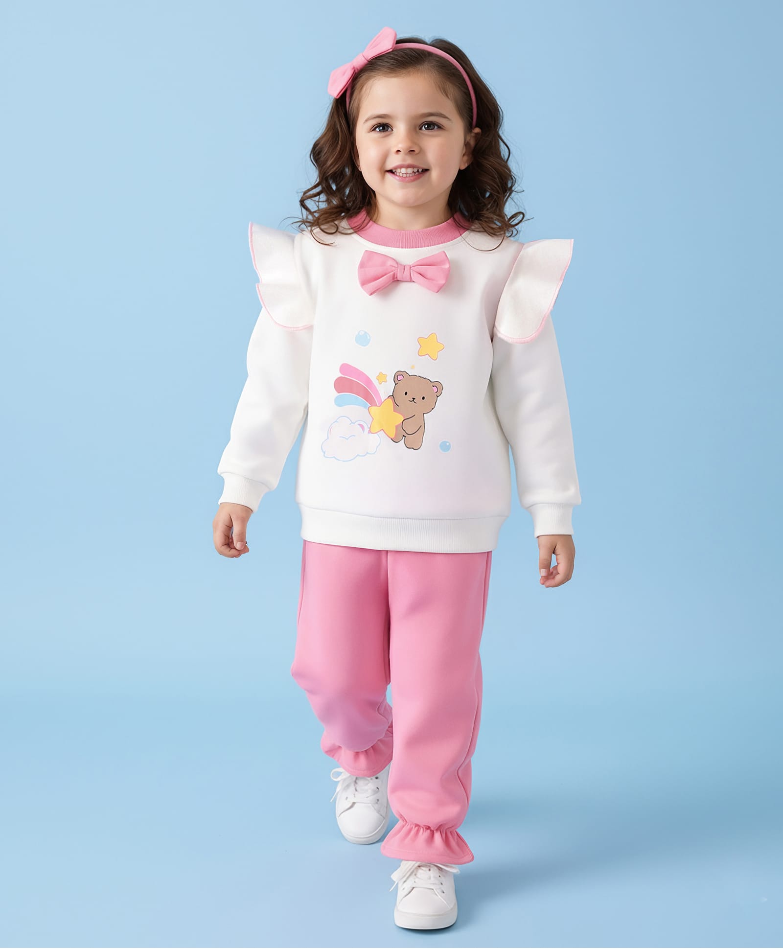 Mark & Mia Full Sleeves Winter Wear T-Shirt & Joggers Set with Bow Animal Applique - White & Pink