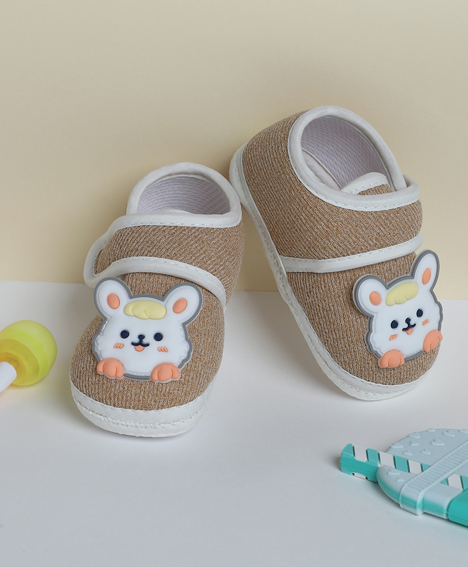 Baby Moo Animal Face Applique Detailed Anti Skid Booties - Khaki-picture-0