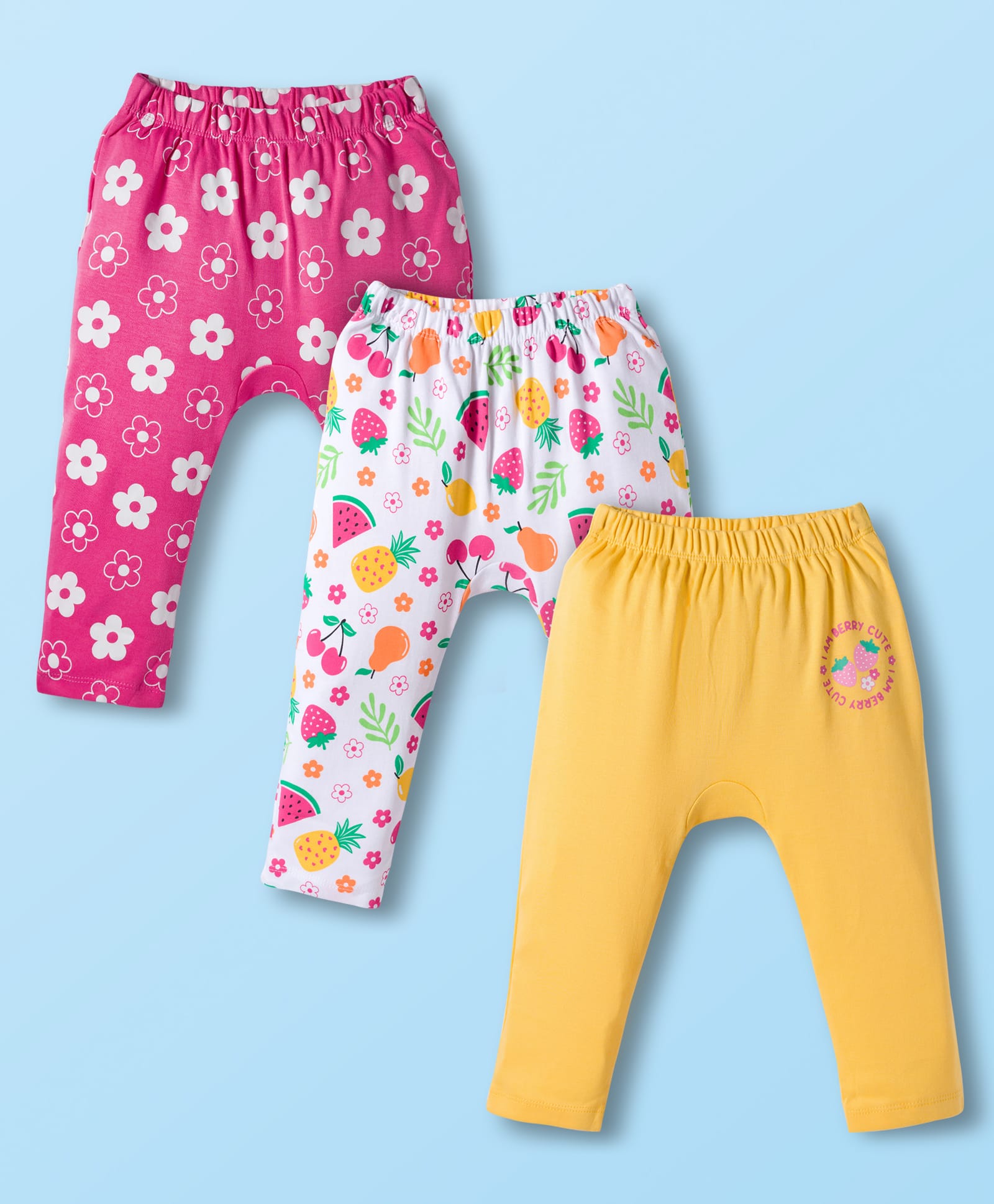 Babyhug Cotton Knit Full Length Diaper Leggings With Floral Print Pack Of 3 - Pink Yellow & White-image-46