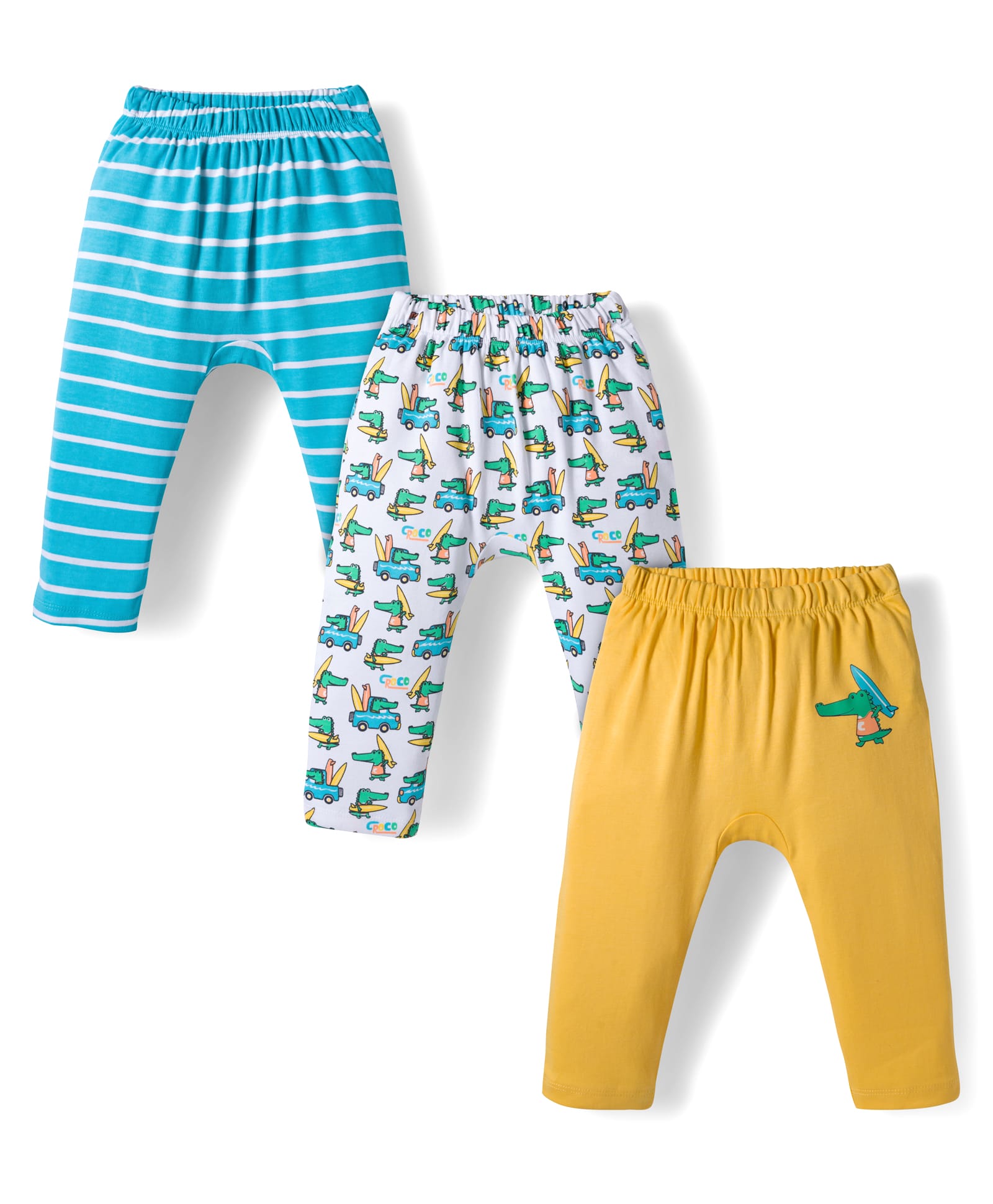Babyhug Cotton Knit Full Length Diaper Pant With Stipes & Vehicle Print Pack Of 3 - Light Blue Yellow & Aqua-image-6