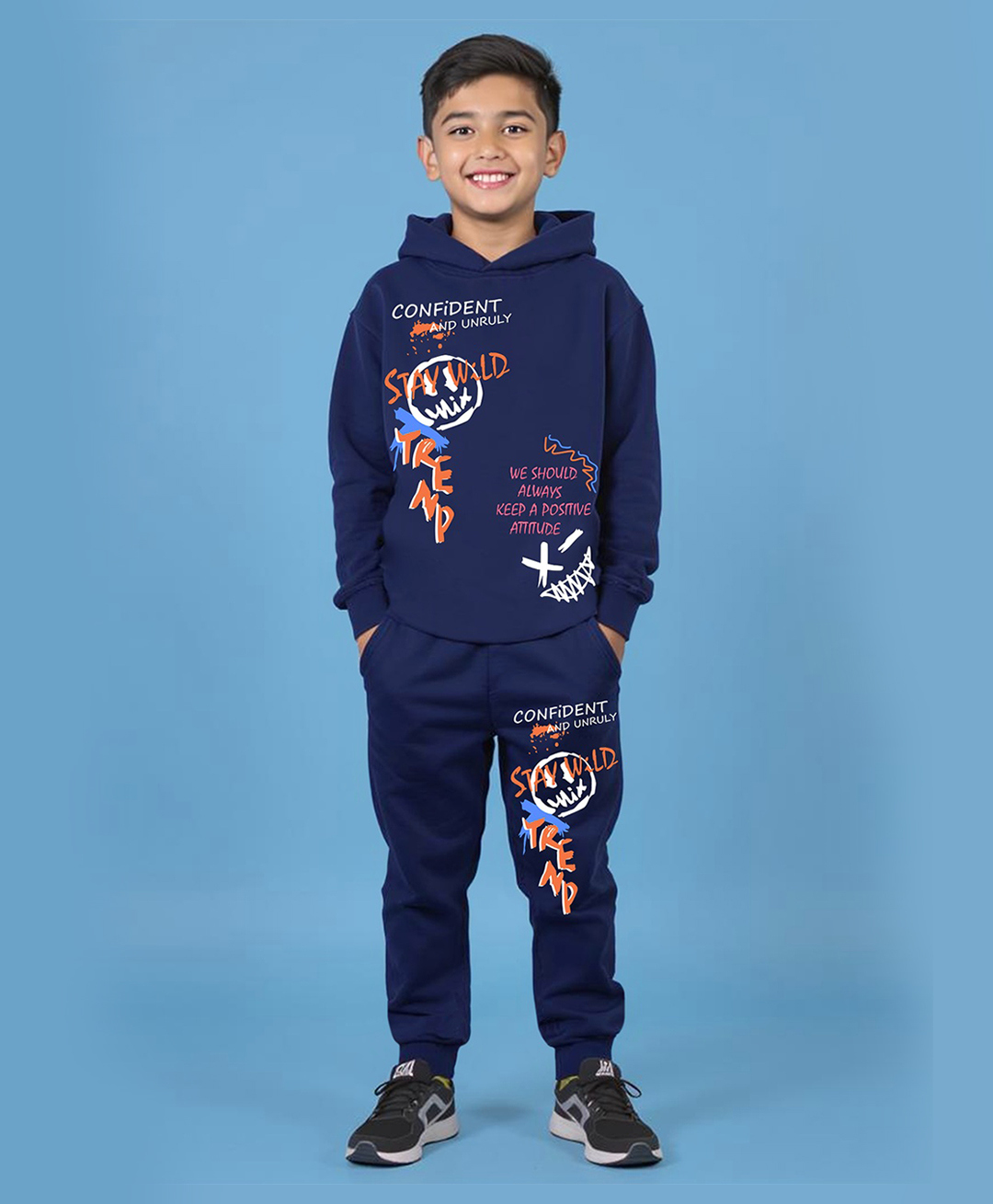 Trampoline Cotton Blend Knit Full Sleeves Stay Wild Text Printed Hooded Tee With Coordinating Track Pants Set - Blue-picture-21