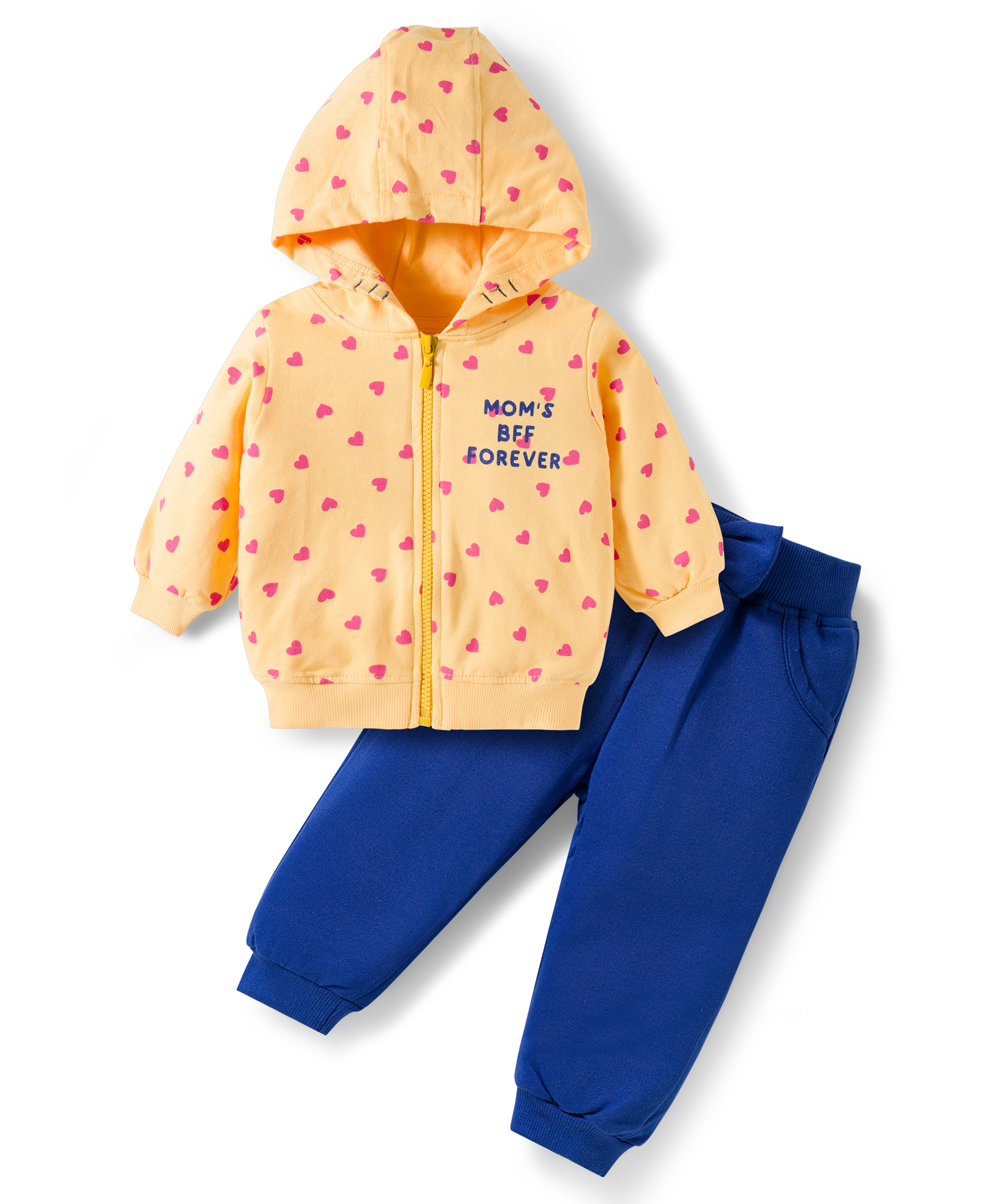 Doodle Poodle 100% Cotton Terry Knit Full Sleeves Light Weight Winter Wear Hooded Top & Lounge Pant Set with Heart Print - Blue & Yellow-image-28